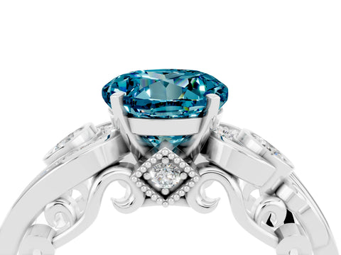 White gold Round Cut Blue Topaz Solitaire Ring with Milgrain Pavé Band and Four-Prong Setting_52