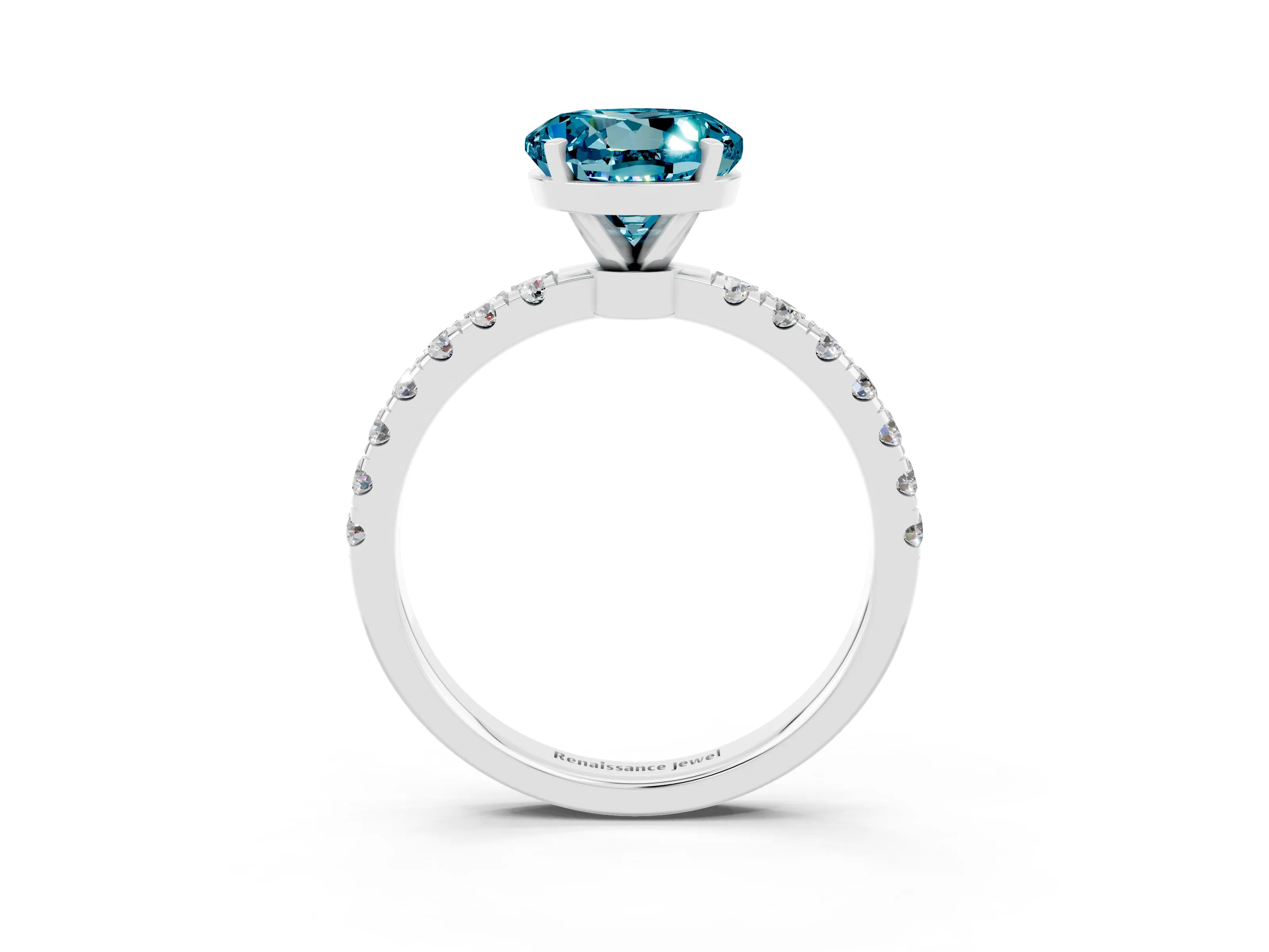White gold Round Cut Blue Topaz Solitaire Ring with Pavé Accents and Four-Prong Setting_3