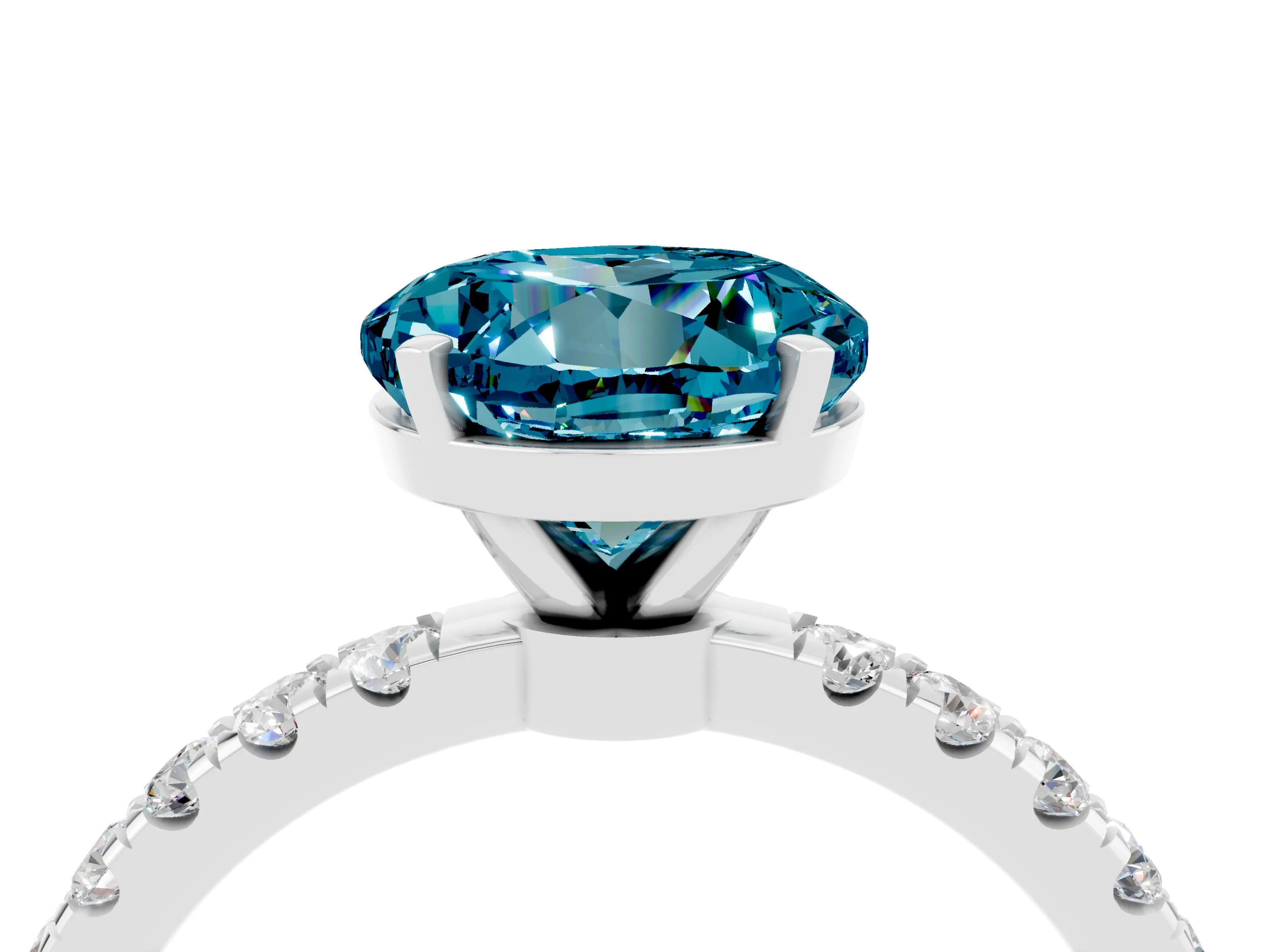 White gold Round Cut Blue Topaz Solitaire Ring with Pavé Accents and Four-Prong Setting_4