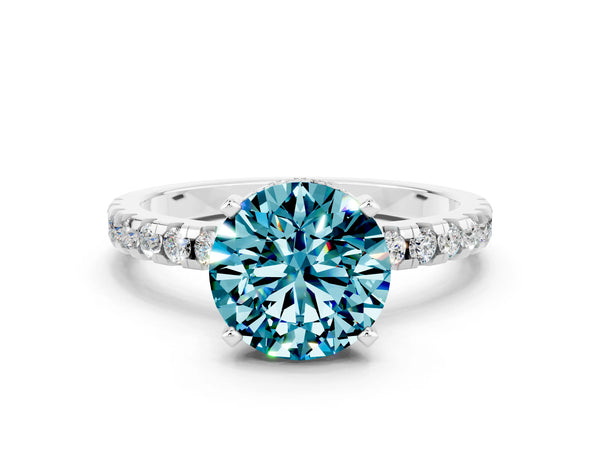 White gold Round Cut Blue Topaz Solitaire Ring with Round  Pavé Band and Four-Prong Setting
