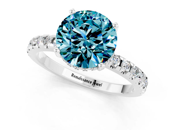 White gold Round Cut Blue Topaz Solitaire Ring with Round  Pavé Band and Four-Prong Setting