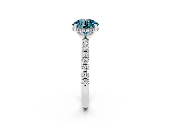 Silver Round Cut Blue Topaz Solitaire Ring with Round  Pavé Band and Four-Prong Setting