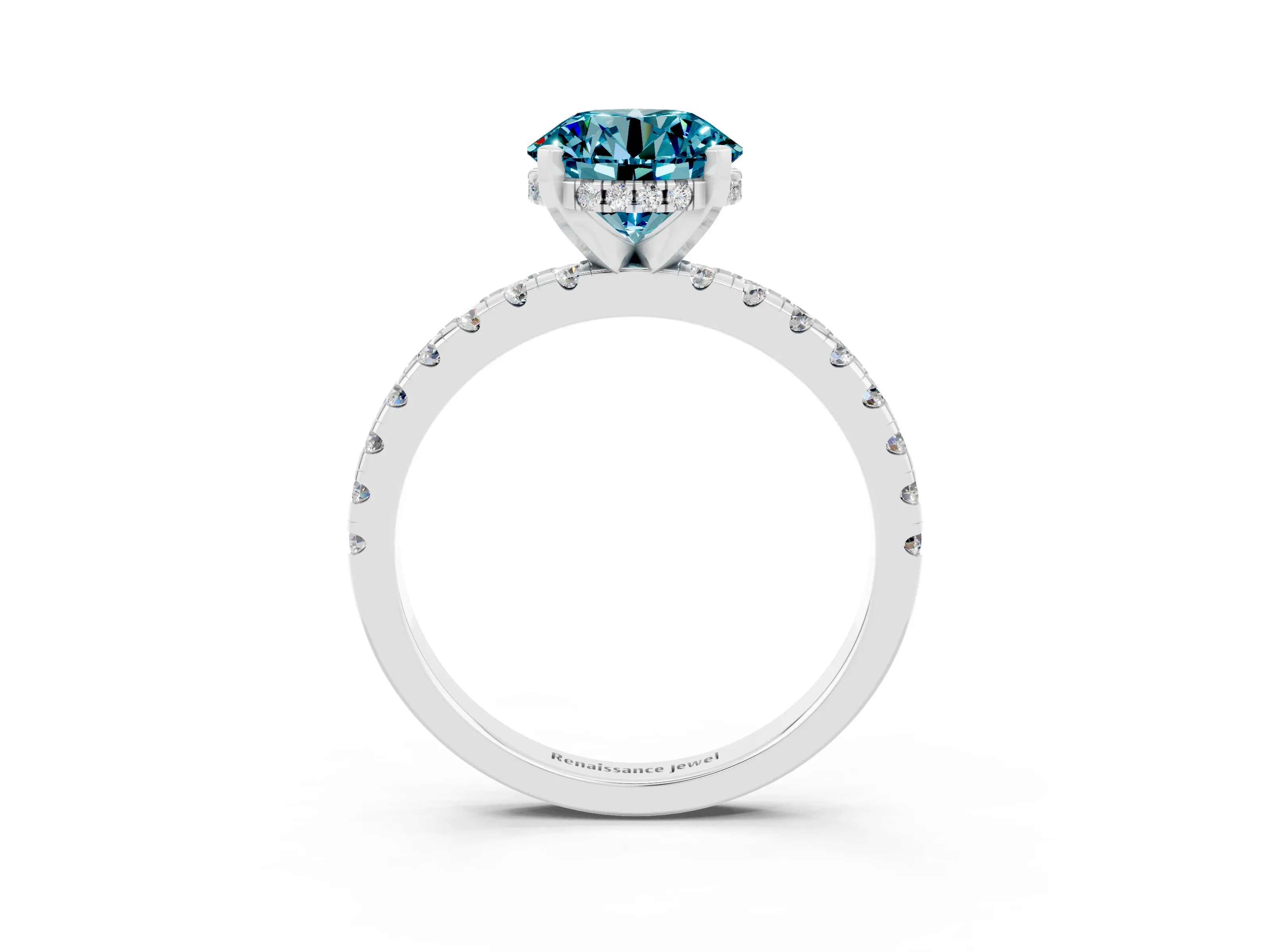 White gold Round Cut Blue Topaz Solitaire Ring with Pavé Band and Four-Prong Setting_39