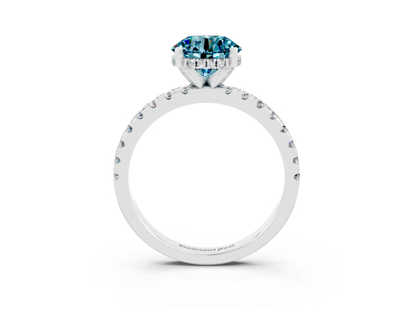 Silver Round Cut Blue Topaz Solitaire Ring with Round  Pavé Band and Four-Prong Setting
