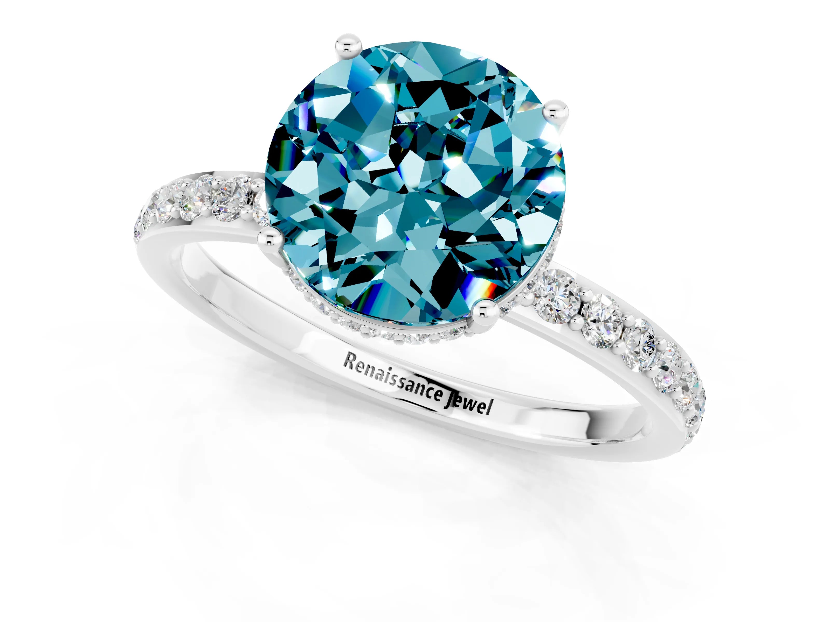 White gold Round Cut Blue Topaz Solitaire Ring with Pavé Band and Hidden Halo_1