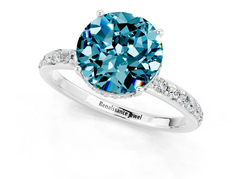 White gold Round Cut Blue Topaz Solitaire Ring with Pavé Band and Hidden Halo_1