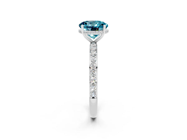 Platinum Round Cut Blue Topaz Solitaire Ring with Pavé Band and Hidden Halo