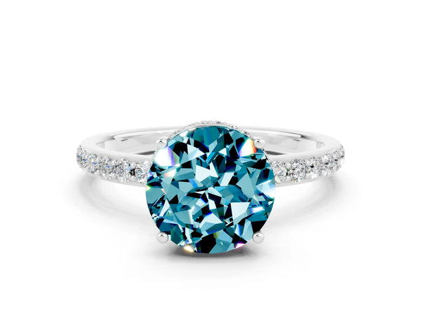 White gold Round Cut Blue Topaz Solitaire Ring with Pavé Band and Hidden Halo