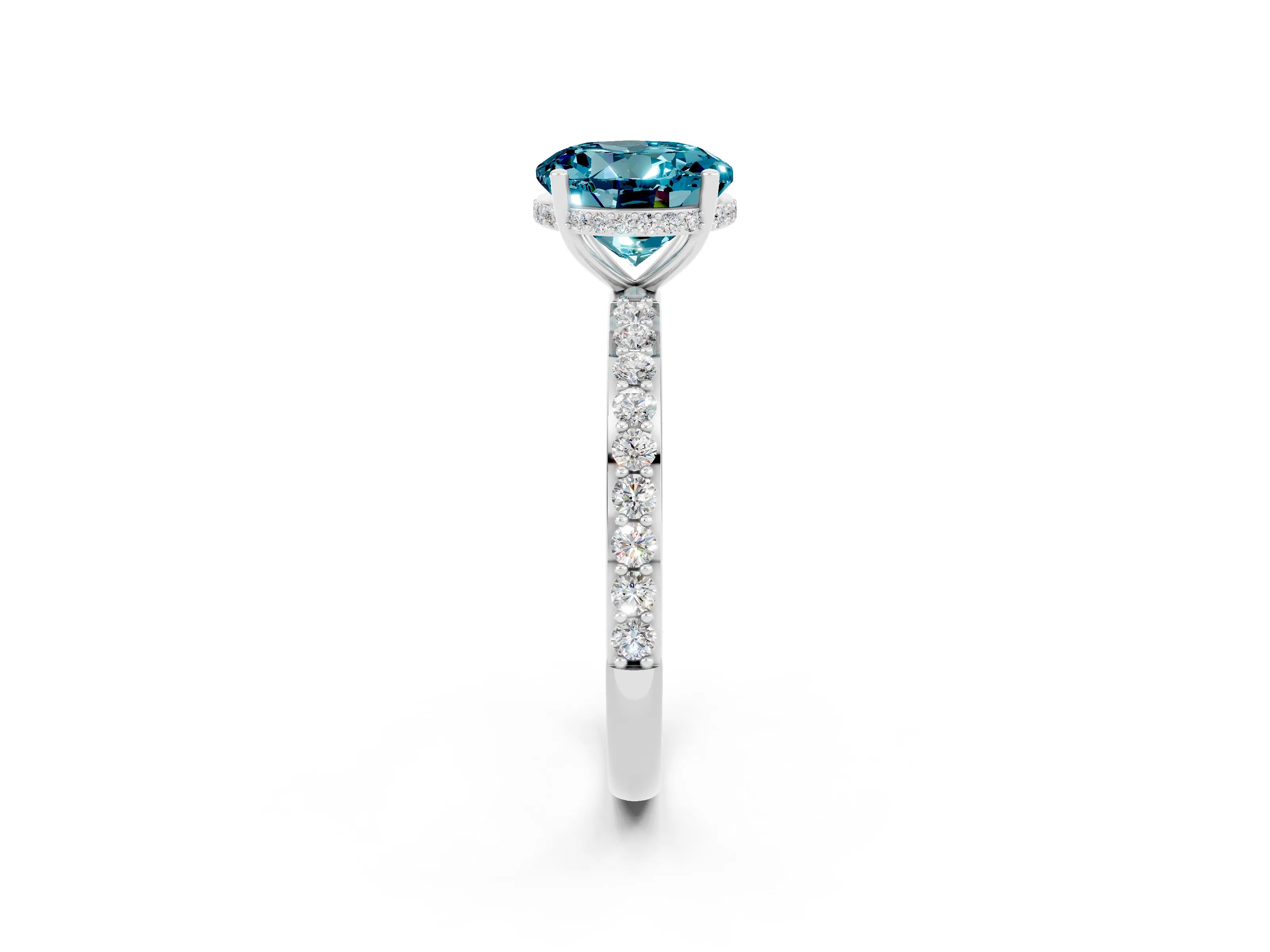 White gold Round Cut Blue Topaz Solitaire Ring with Pavé Band and Hidden Halo_26