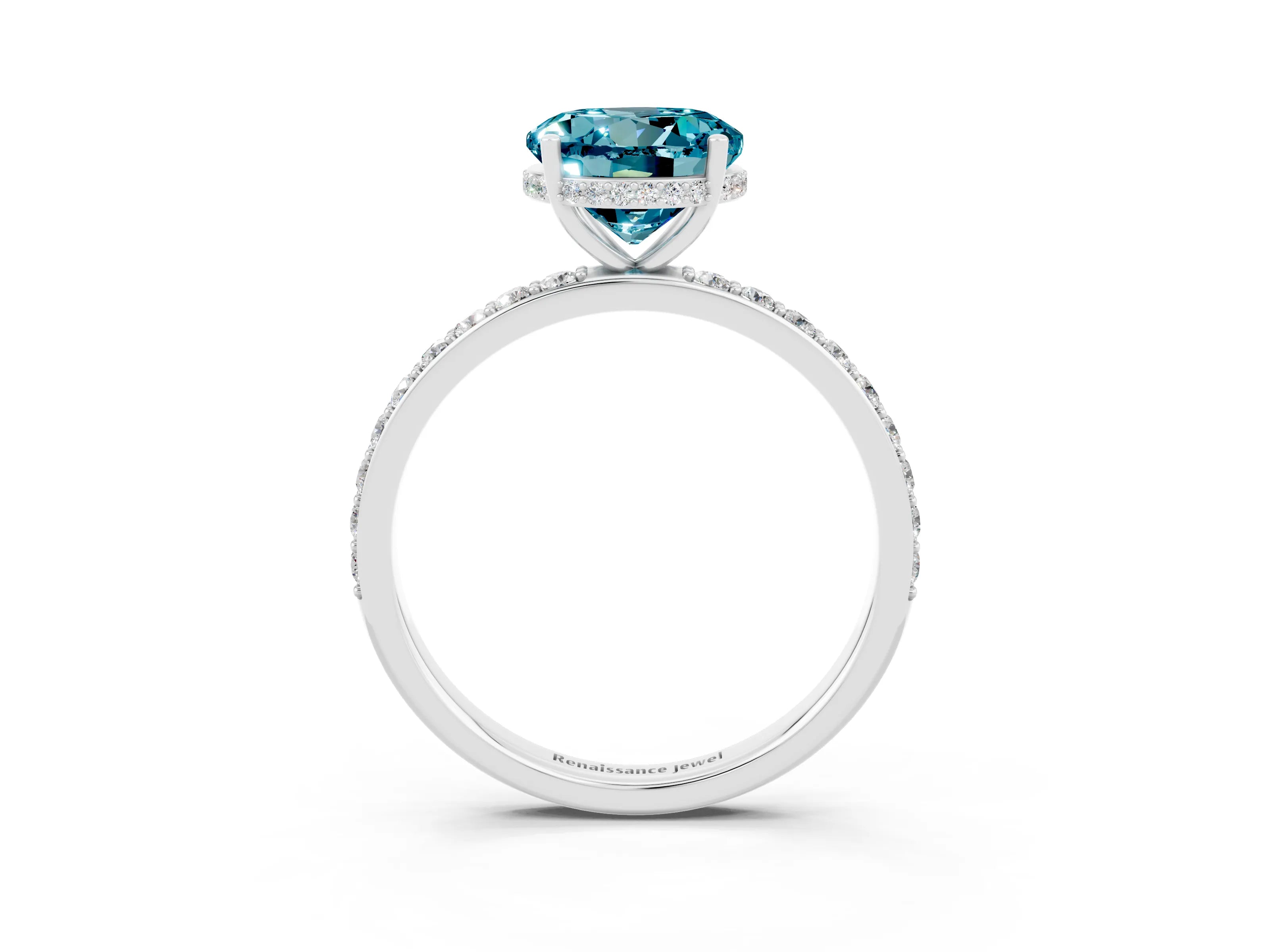 White gold Round Cut Blue Topaz Solitaire Ring with Pavé Band and Hidden Halo_27