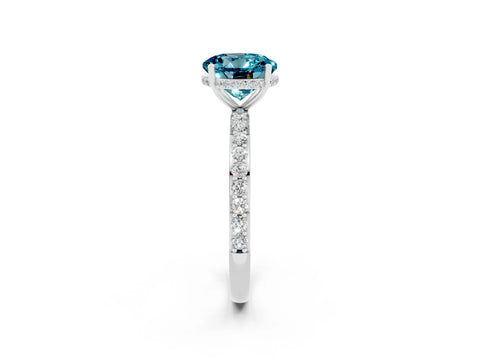 White gold Round Cut Blue Topaz Solitaire Ring with Pavé Band and Hidden Halo_2
