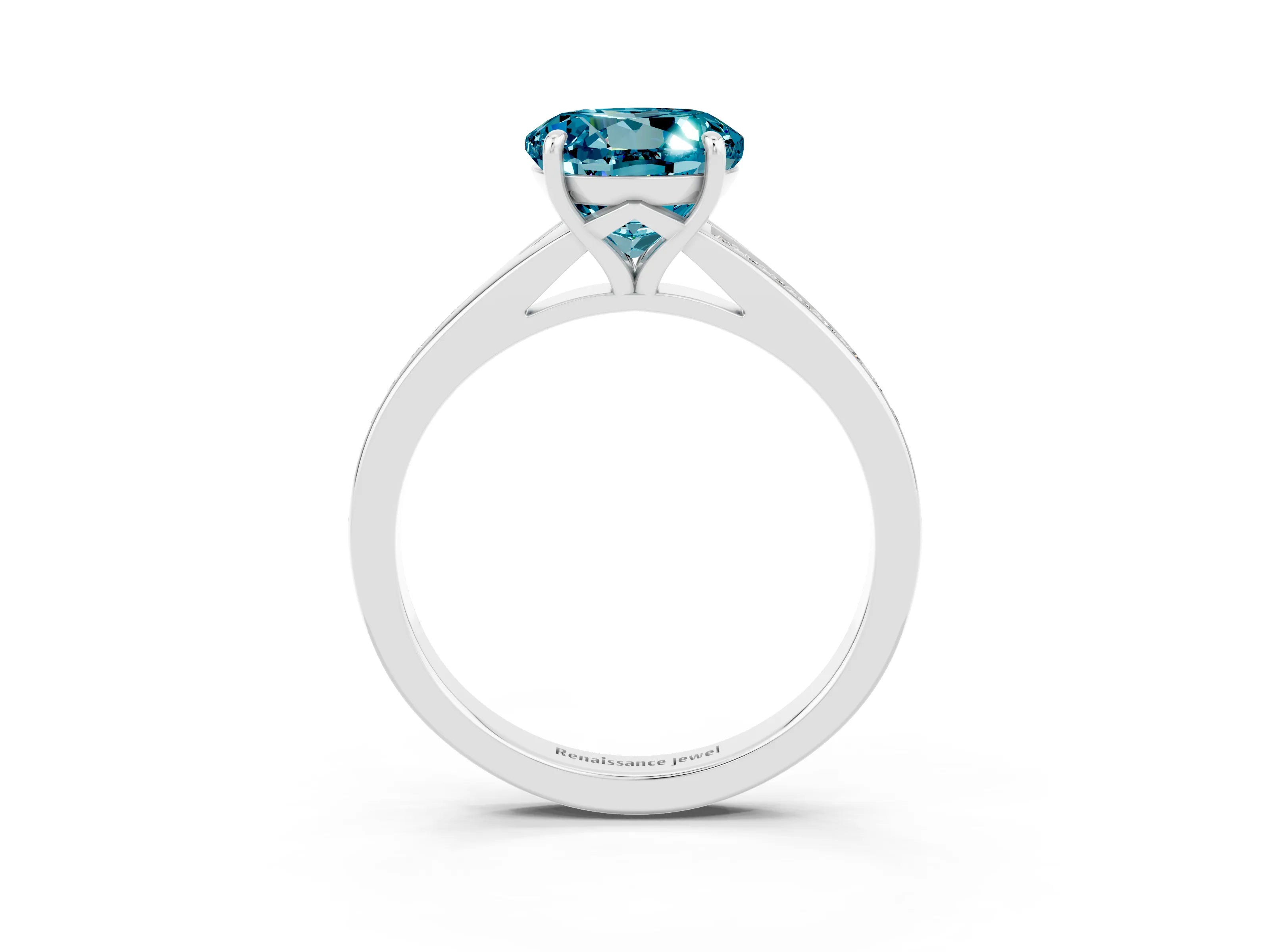 White gold Round Cut Blue Topaz Solitaire Ring with Pavé Band and Prong Setting_3