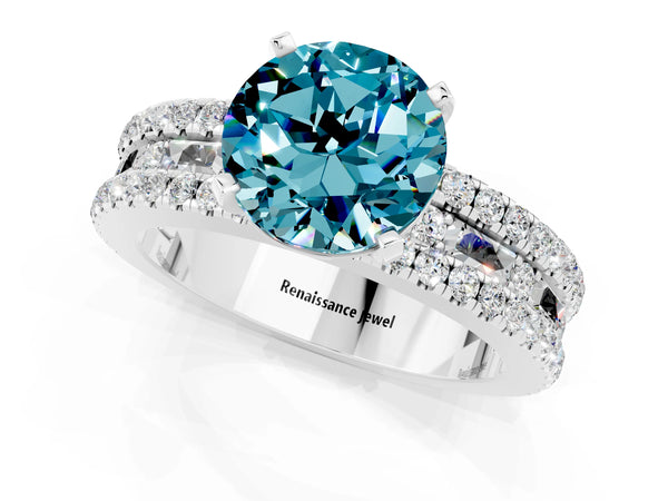 White gold Round Cut Blue Topaz Solitaire Ring with Pavé and Channel Set Band