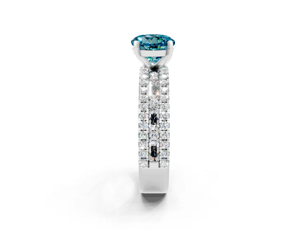 Platinum Round Cut Blue Topaz Solitaire Ring with Pavé and Channel Set Band