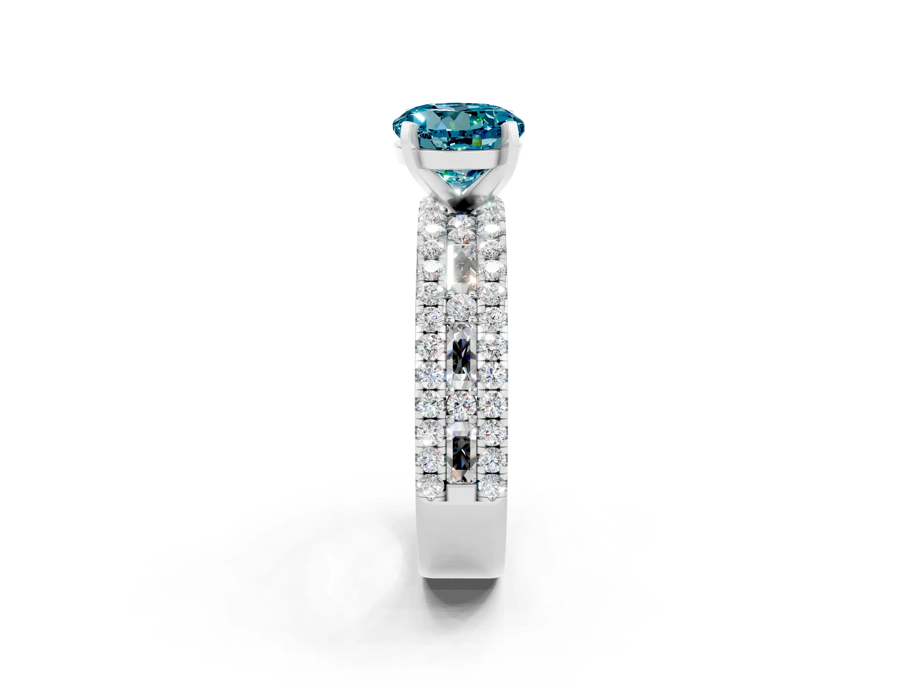 White gold Round Cut Blue Topaz Solitaire Ring with Pavé and Channel Set Band_2