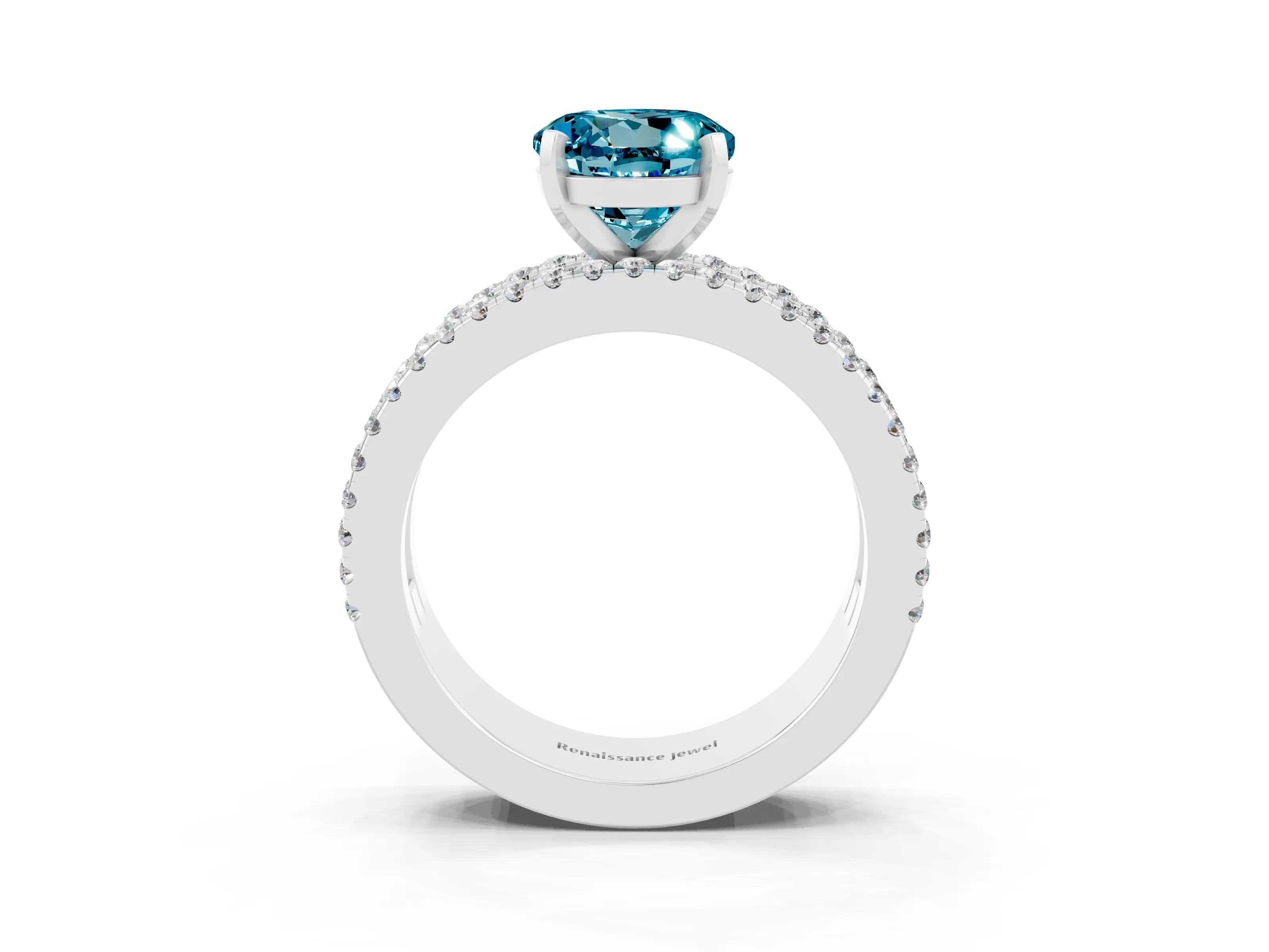 White gold Round Cut Blue Topaz Solitaire Ring with Pavé and Channel Set Band_3