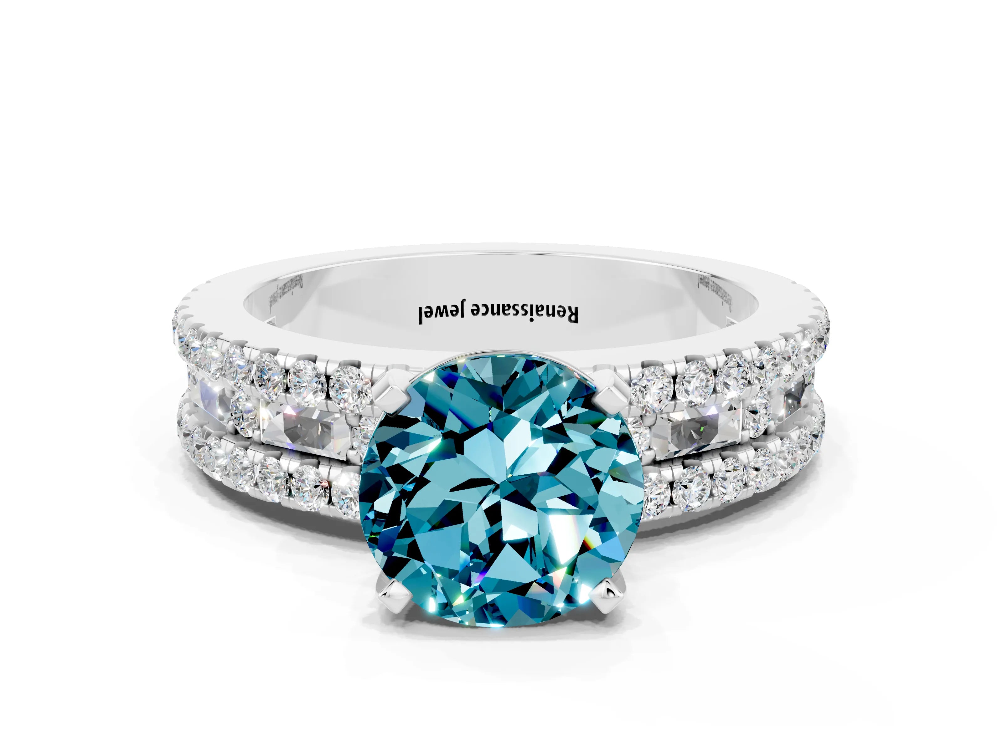 White gold Round Cut Blue Topaz Solitaire Ring with Pavé and Channel Set Band