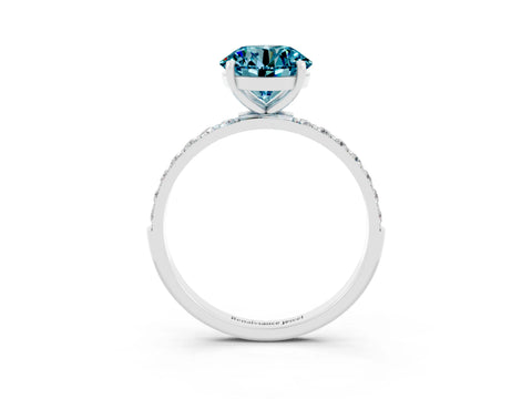 White gold Round Cut Blue Topaz Solitaire Ring with Pave Band and Four Prong Setting_15