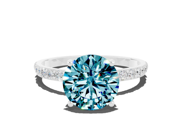 Silver Round Cut Blue Topaz Solitaire Ring with Round  Pavé Band and Prong Setting