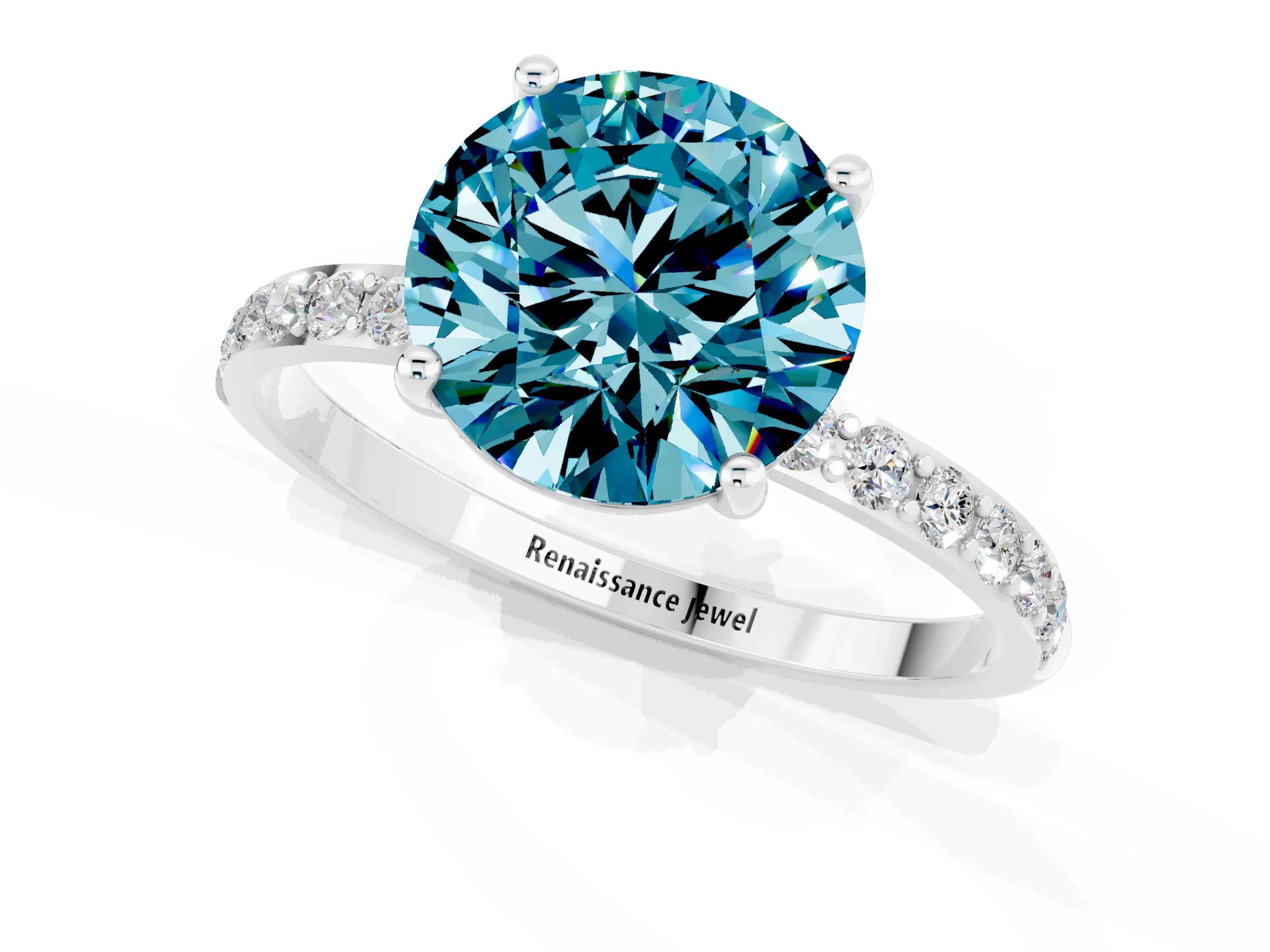 White gold Round Cut Blue Topaz Solitaire Ring with Pave Band and Four Prong Setting_25