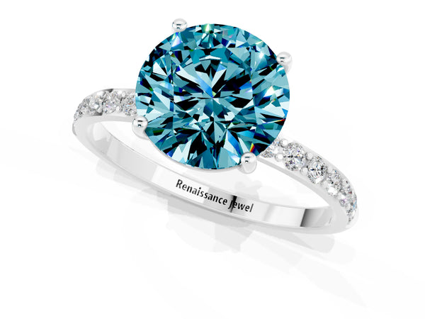 Silver Round Cut Blue Topaz Solitaire Ring with Round  Pavé Band and Prong Setting