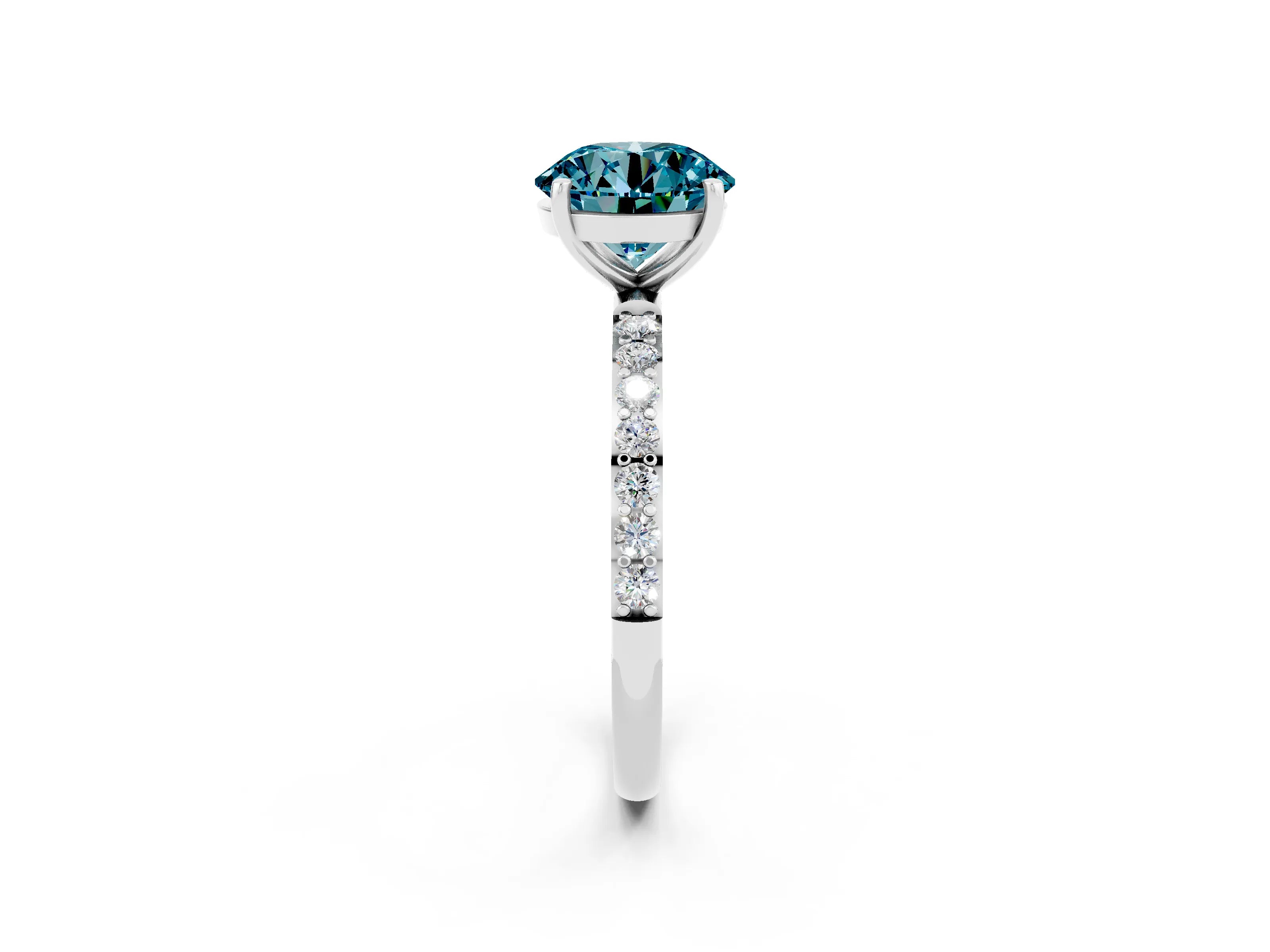 White gold Round Cut Blue Topaz Solitaire Ring with Pave Band and Four Prong Setting_26