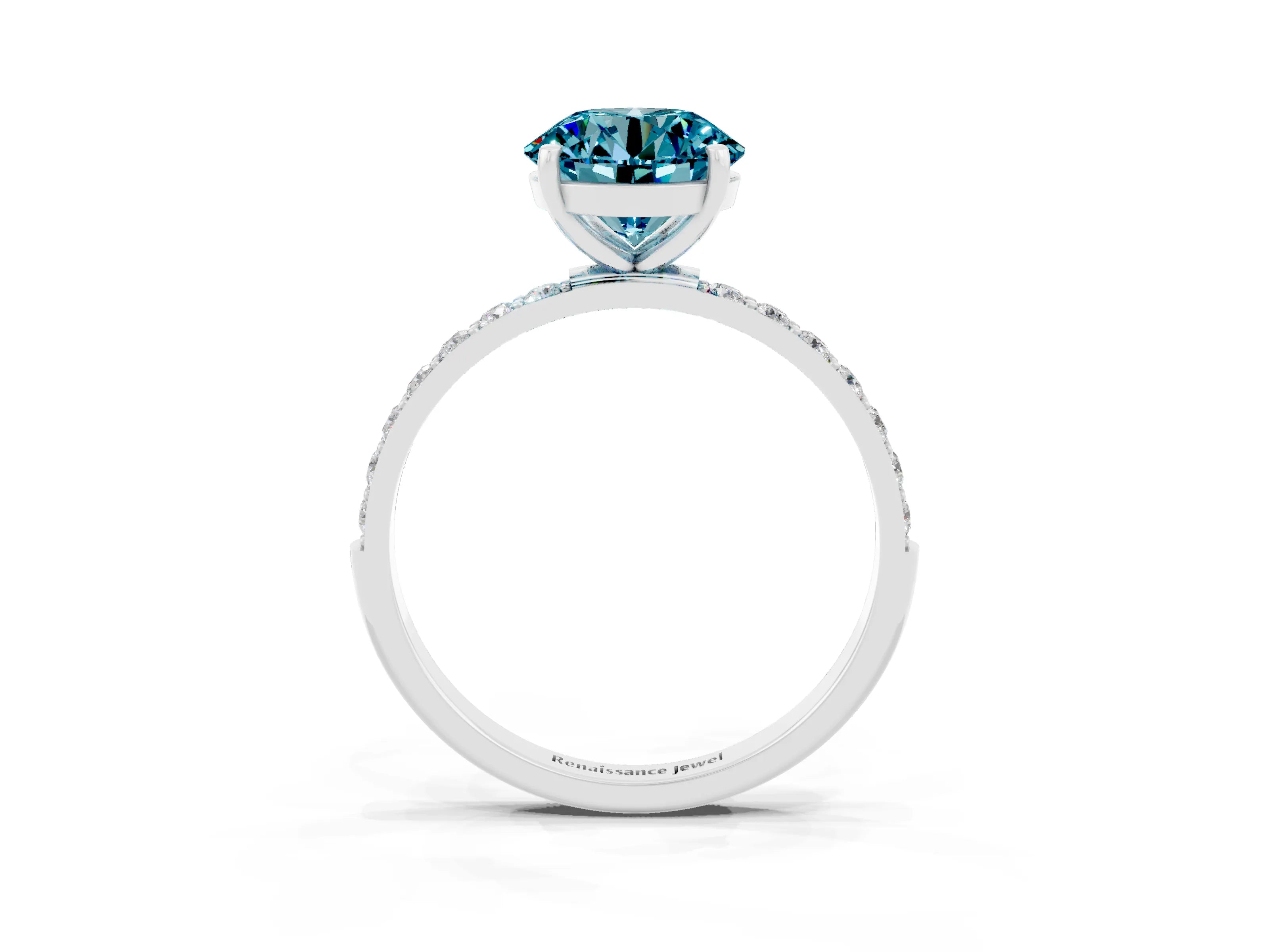 White gold Round Cut Blue Topaz Solitaire Ring with Pave Band and Four Prong Setting_27