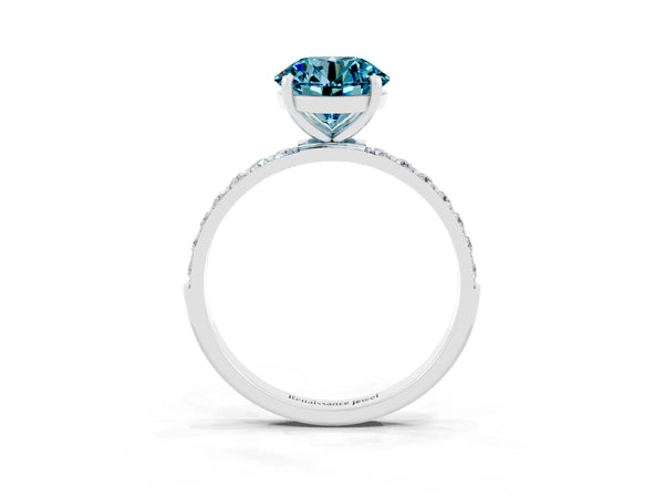 Silver Round Cut Blue Topaz Solitaire Ring with Round  Pavé Band and Prong Setting
