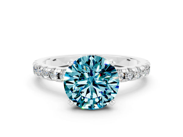 White gold Round Cut Blue Topaz Solitaire Ring with Round  Pavé Band and Four-Prong Setting