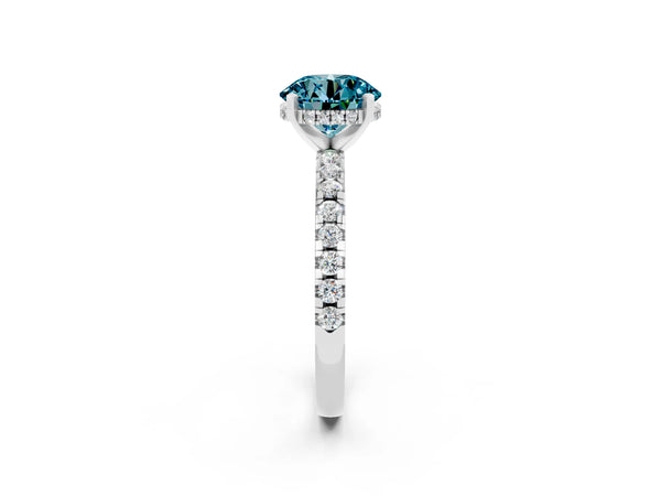 White gold Round Cut Blue Topaz Solitaire Ring with Round  Pavé Band and Four-Prong Setting