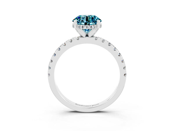 White gold Round Cut Blue Topaz Solitaire Ring with Round  Pavé Band and Four-Prong Setting