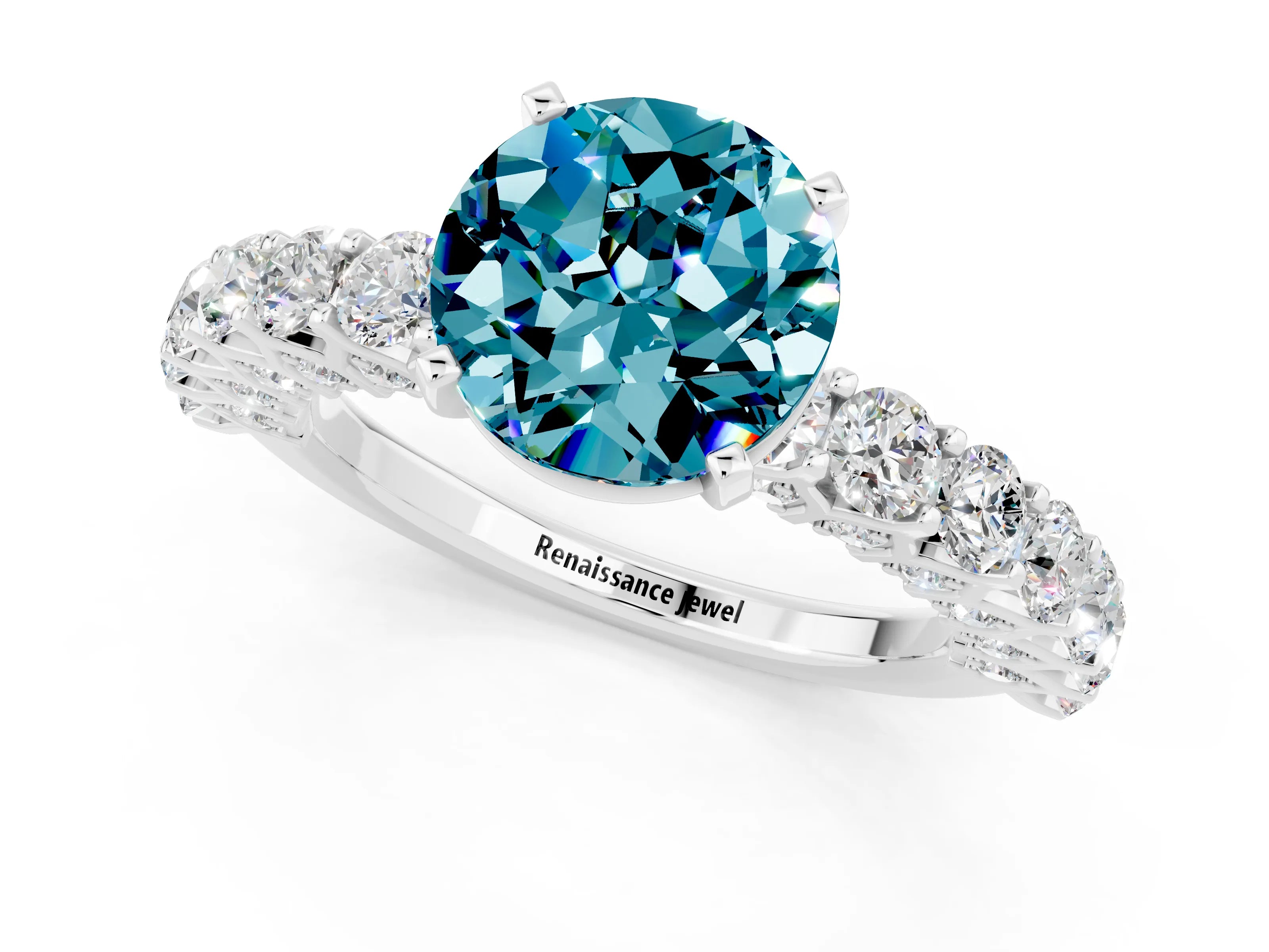 White gold Round Cut Blue Topaz Solitaire Ring with Shared Prong Pavé Band and Four-Prong Setting_1