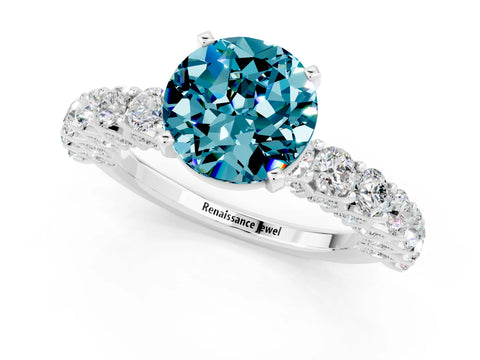White gold Round Cut Blue Topaz Solitaire Ring with Shared Prong Pavé Band and Four-Prong Setting_1
