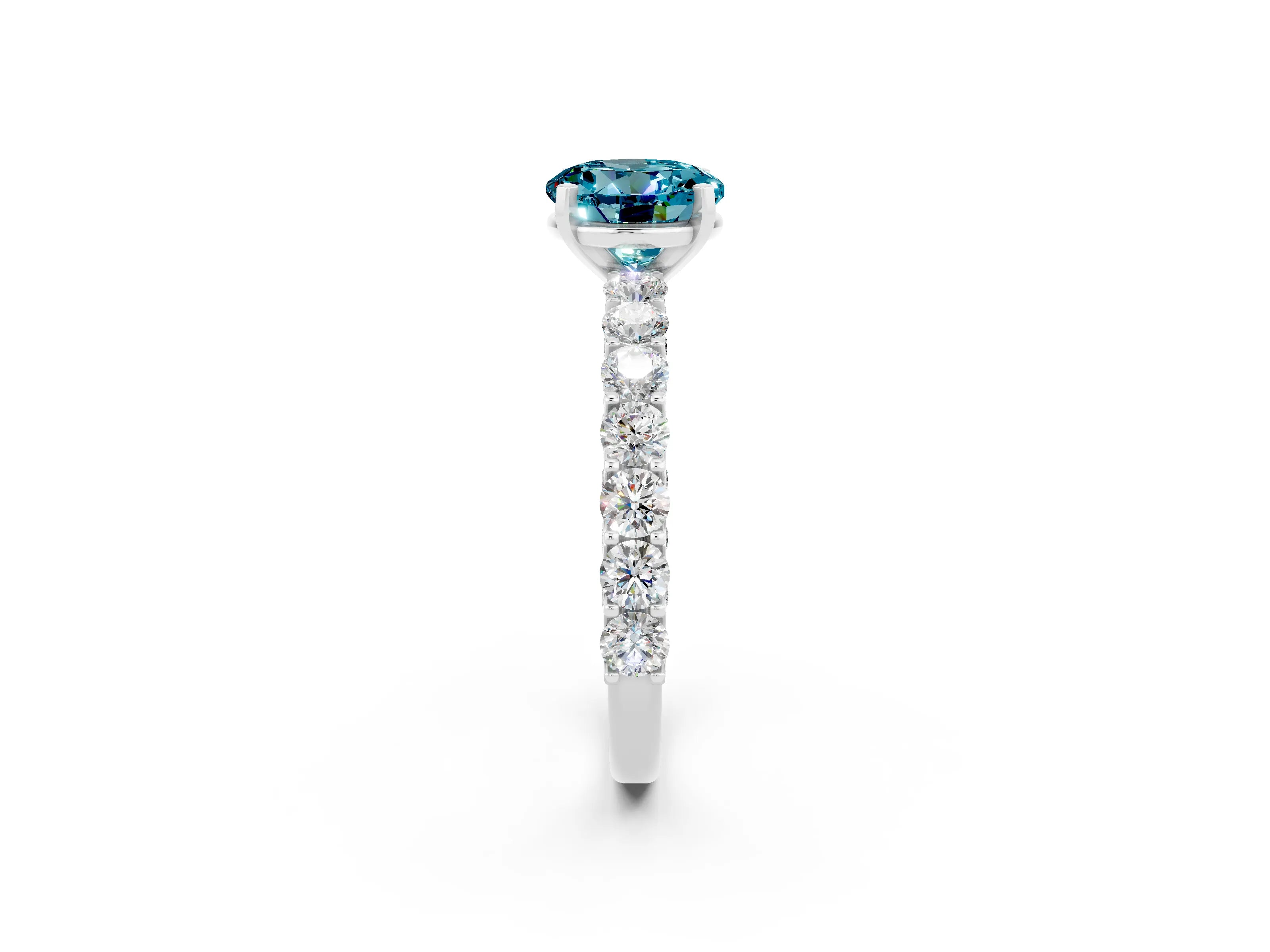 White gold Round Cut Blue Topaz Solitaire Ring with Shared Prong Pavé Band and Four-Prong Setting_2