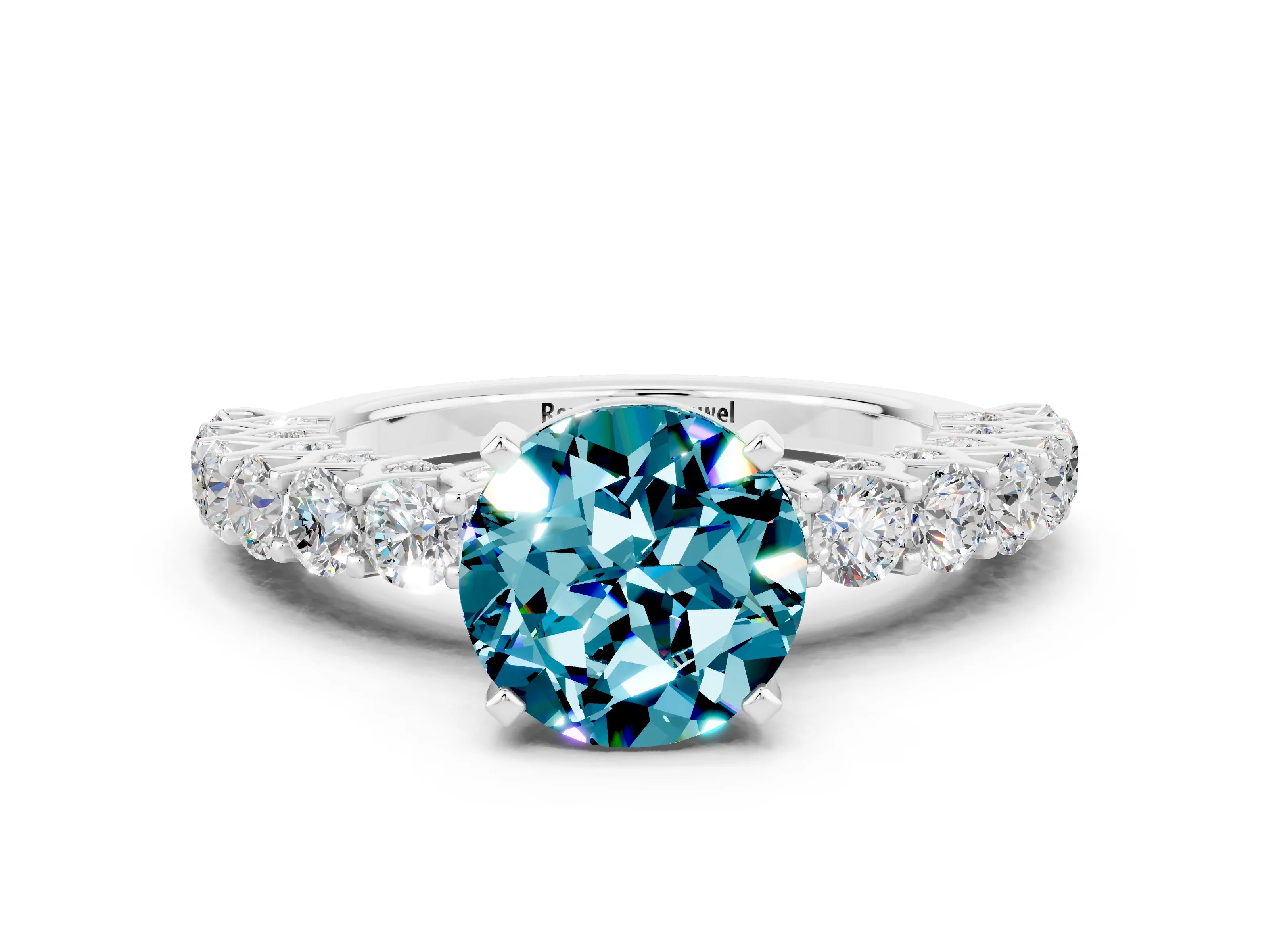 White gold Round Cut Blue Topaz Solitaire Ring with Shared Prong Pavé Band and Four-Prong Setting