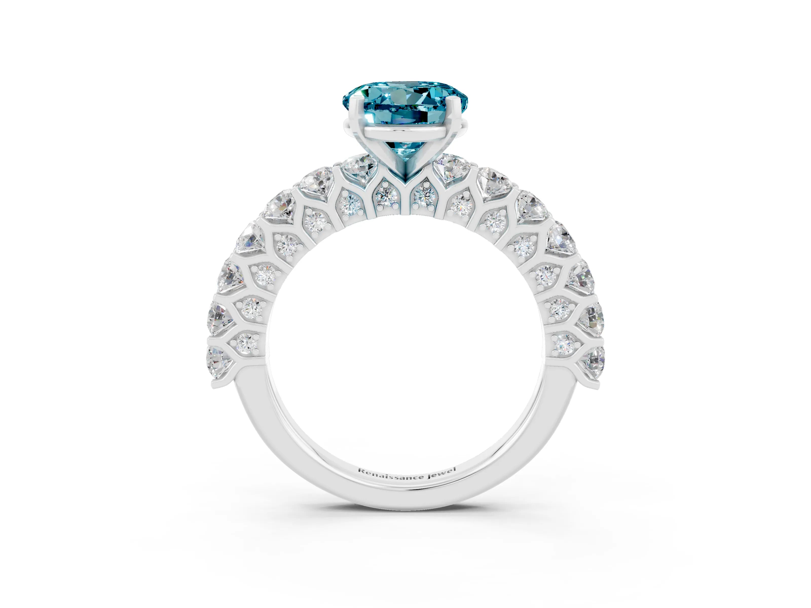 White gold Round Cut Blue Topaz Solitaire Ring with Shared Prong Pavé Band and Four-Prong Setting_3