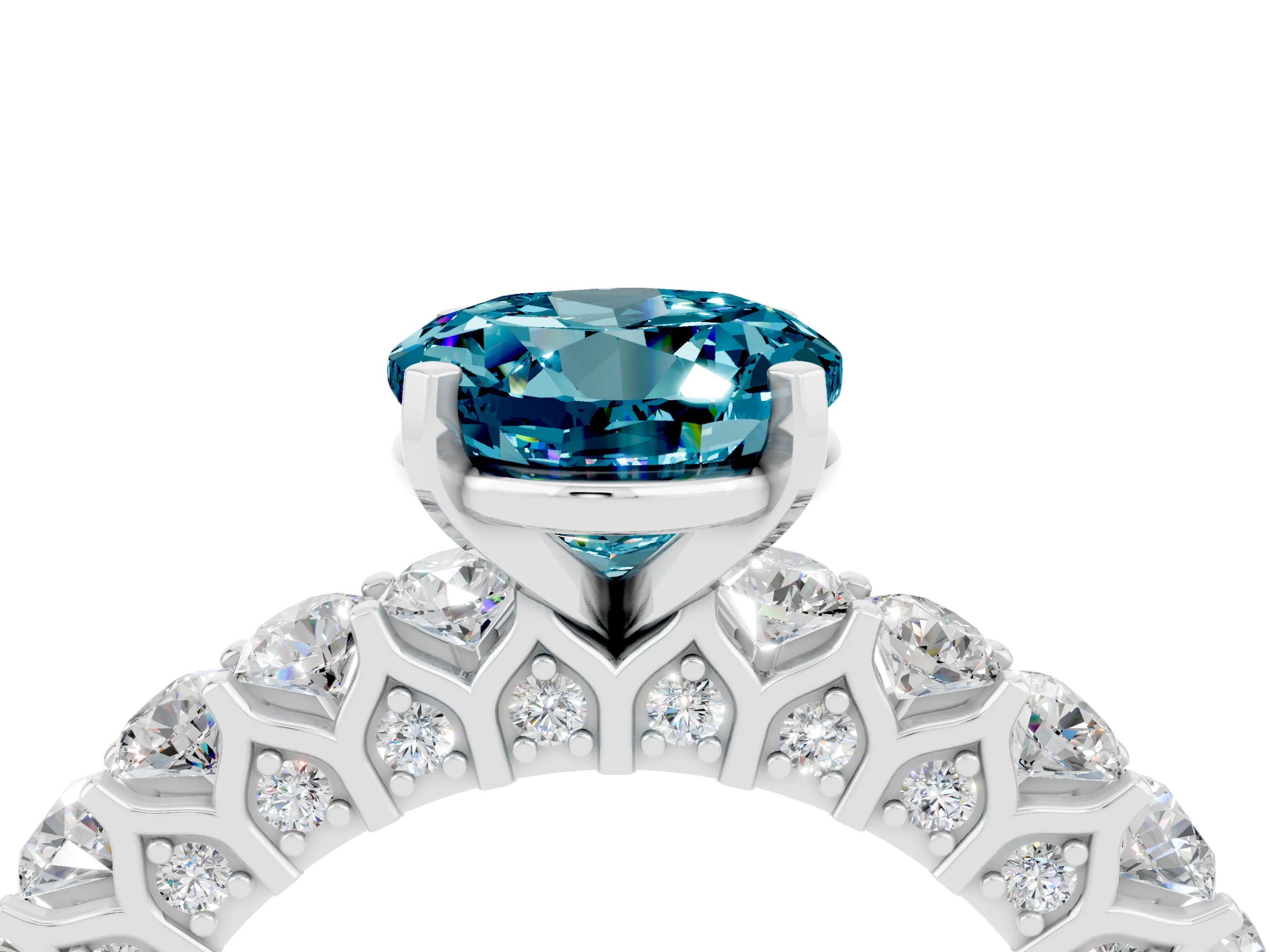 White gold Round Cut Blue Topaz Solitaire Ring with Shared Prong Pavé Band and Four-Prong Setting_4