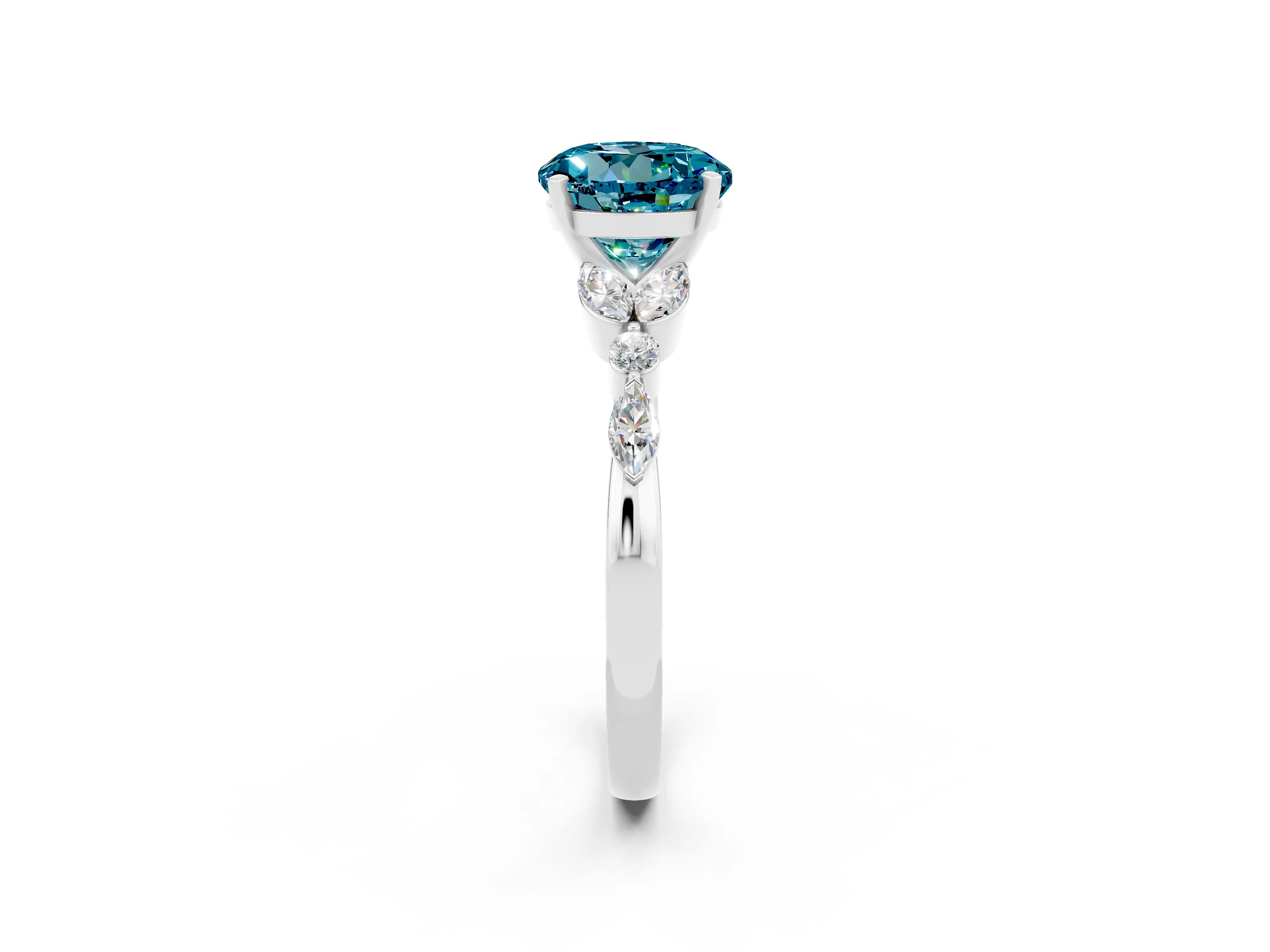 White gold Round Cut Blue Topaz Solitaire Ring with Side Stones and Four-Prong Setting_50