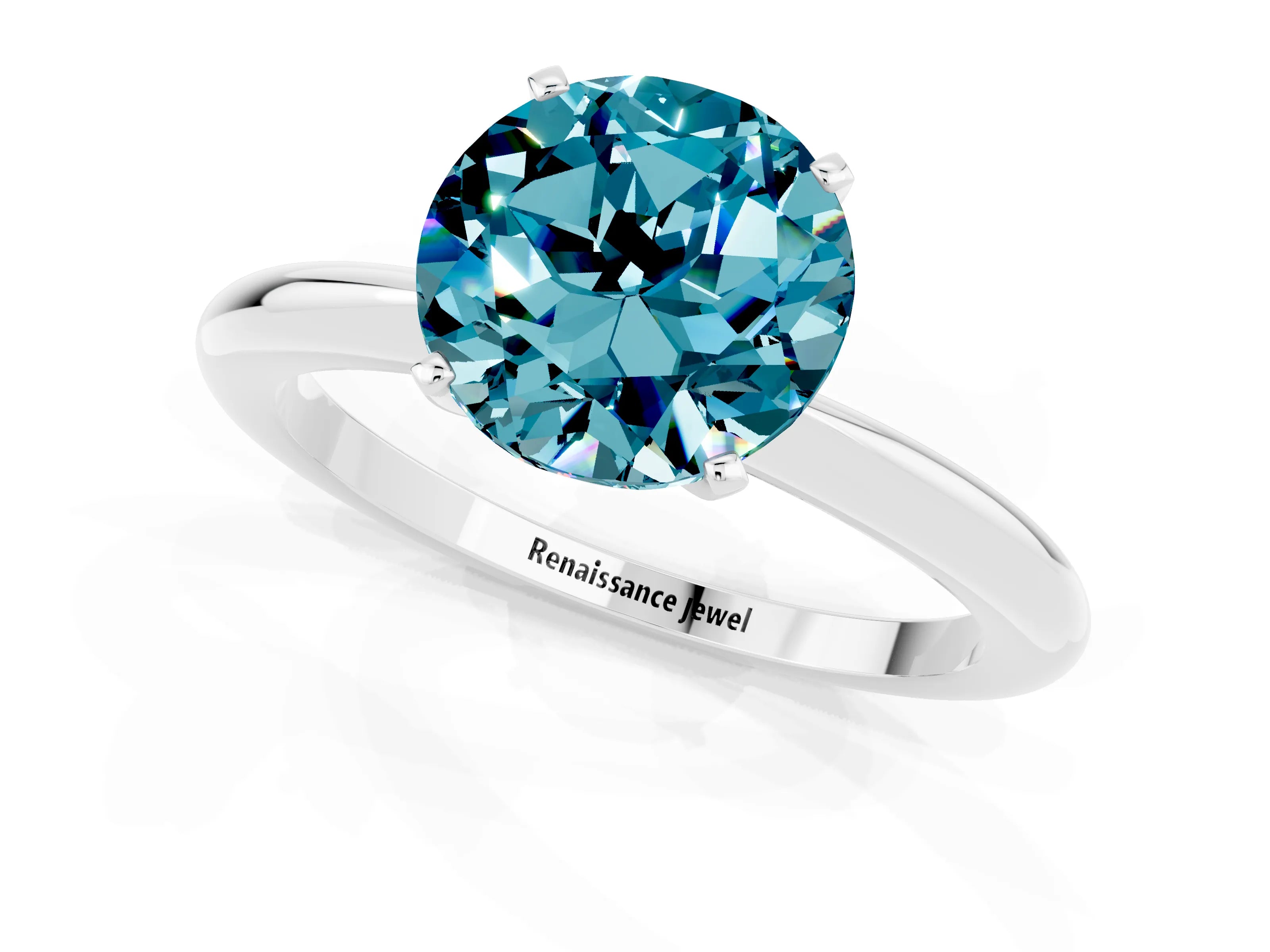 White gold Round Cut Blue Topaz Solitaire Ring with Six-Prong Setting and Classic Band_1