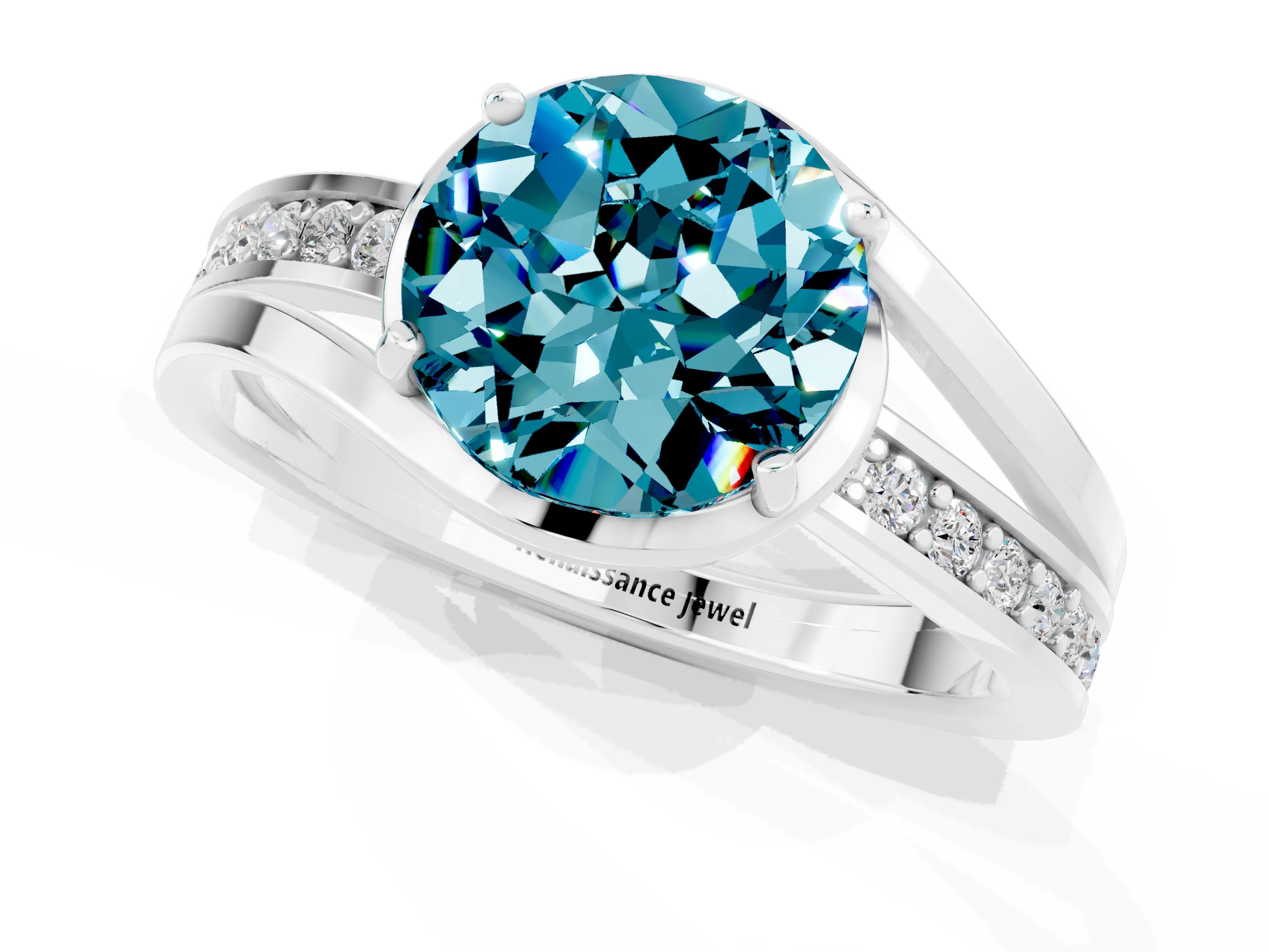 White gold Round Cut Blue Topaz Solitaire Ring with Split Shank and Prong Setting_1