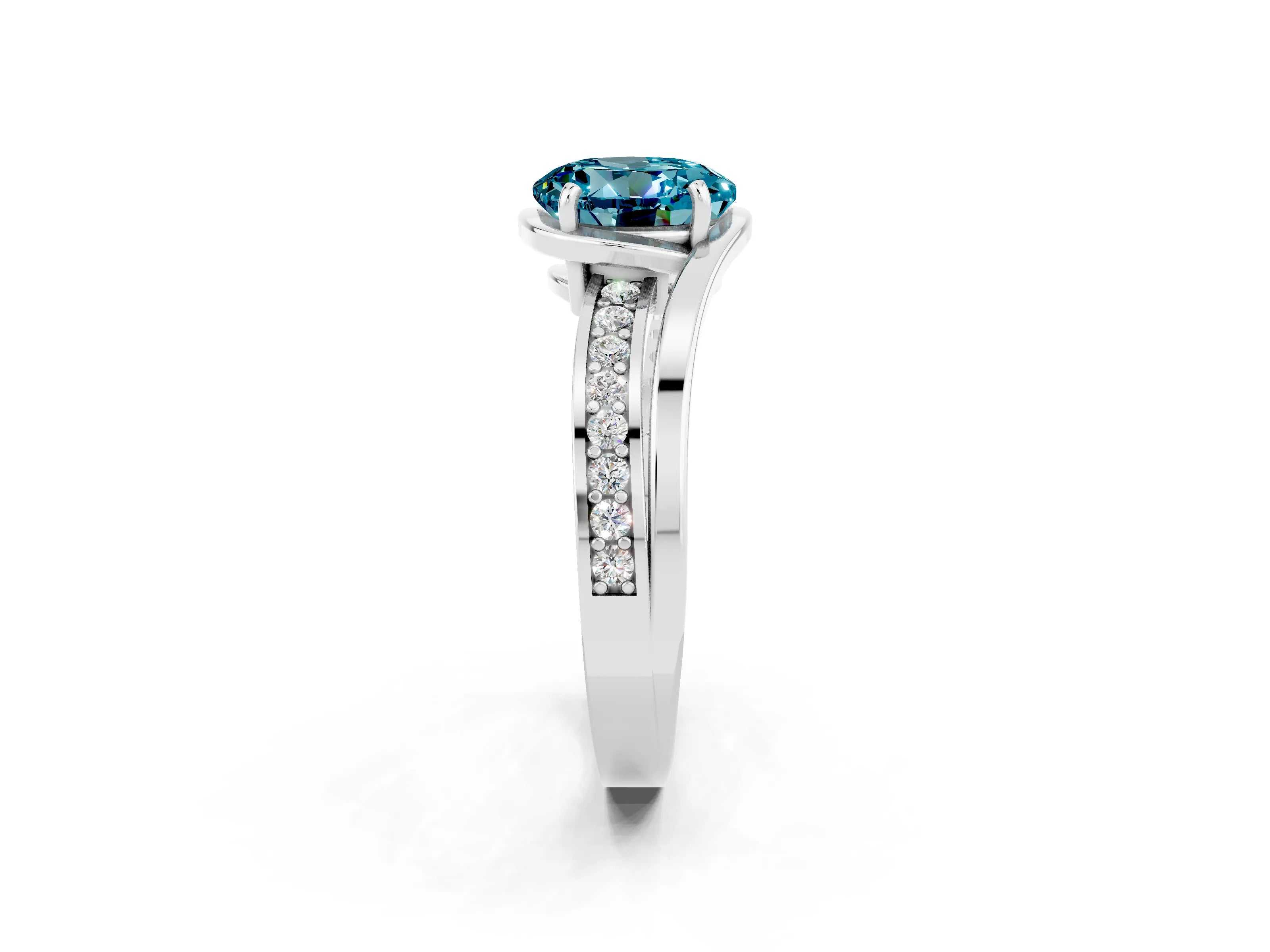 White gold Round Cut Blue Topaz Solitaire Ring with Split Shank and Prong Setting_2