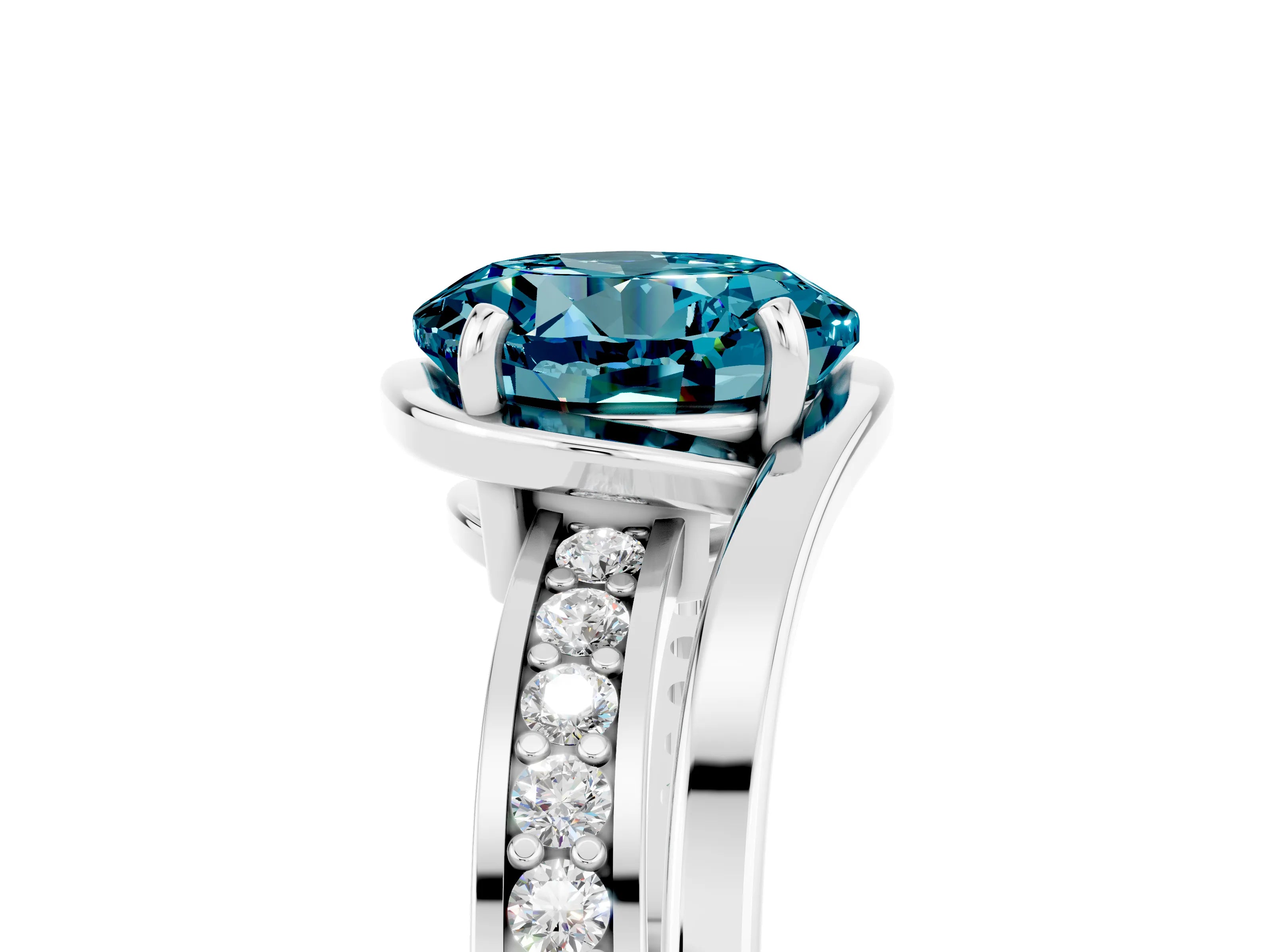 White gold Round Cut Blue Topaz Solitaire Ring with Split Shank and Prong Setting_5