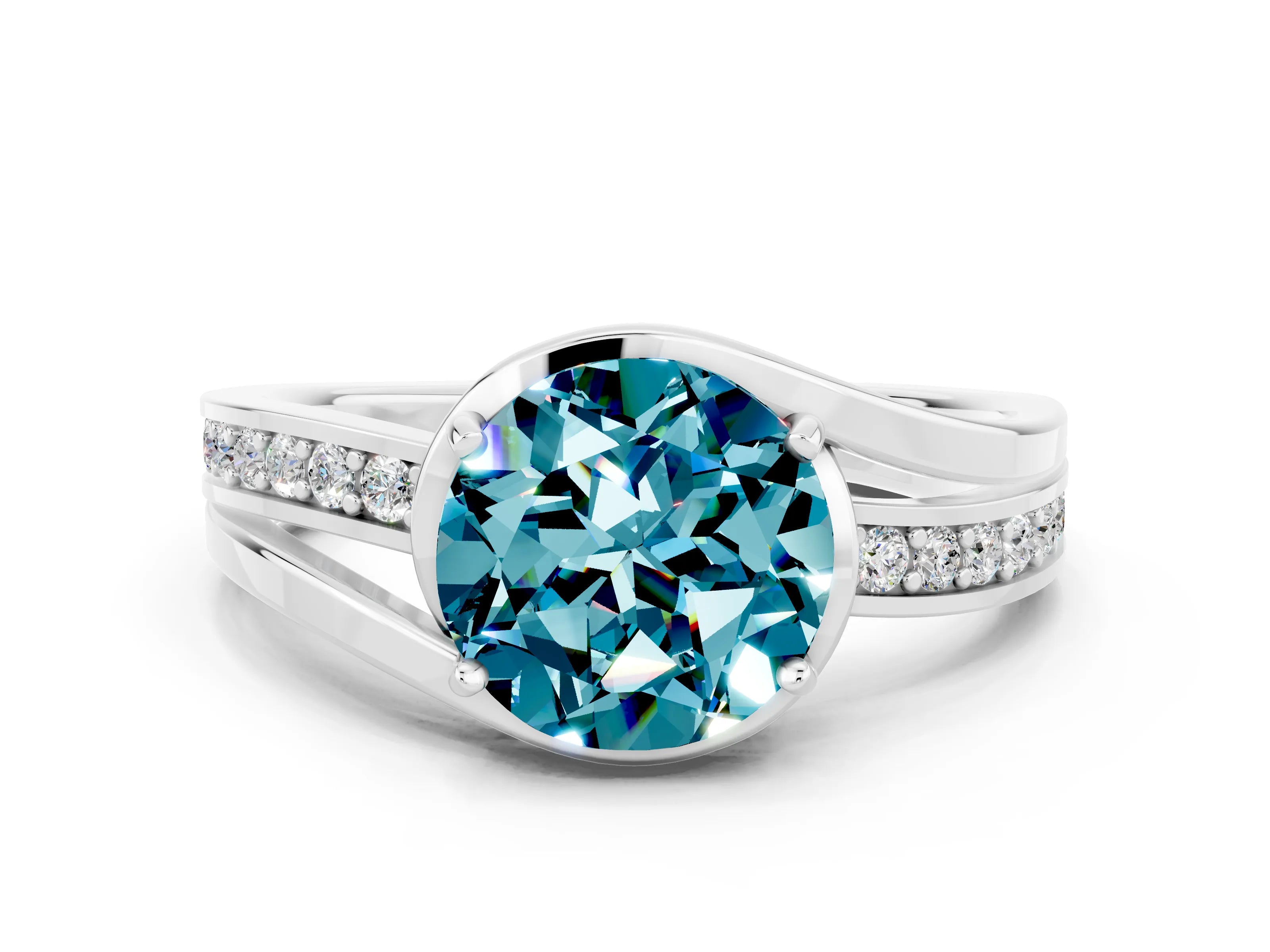 White gold Round Cut Blue Topaz Solitaire Ring with Split Shank and Prong Setting