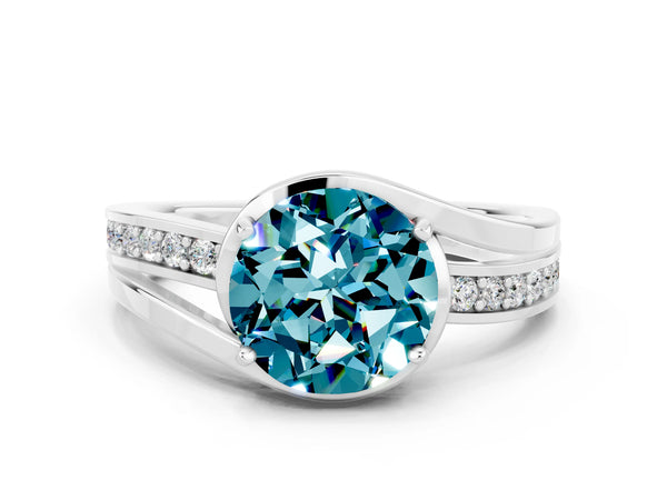 Silver Round Cut Blue Topaz Solitaire Ring with Split Shank and Prong Setting