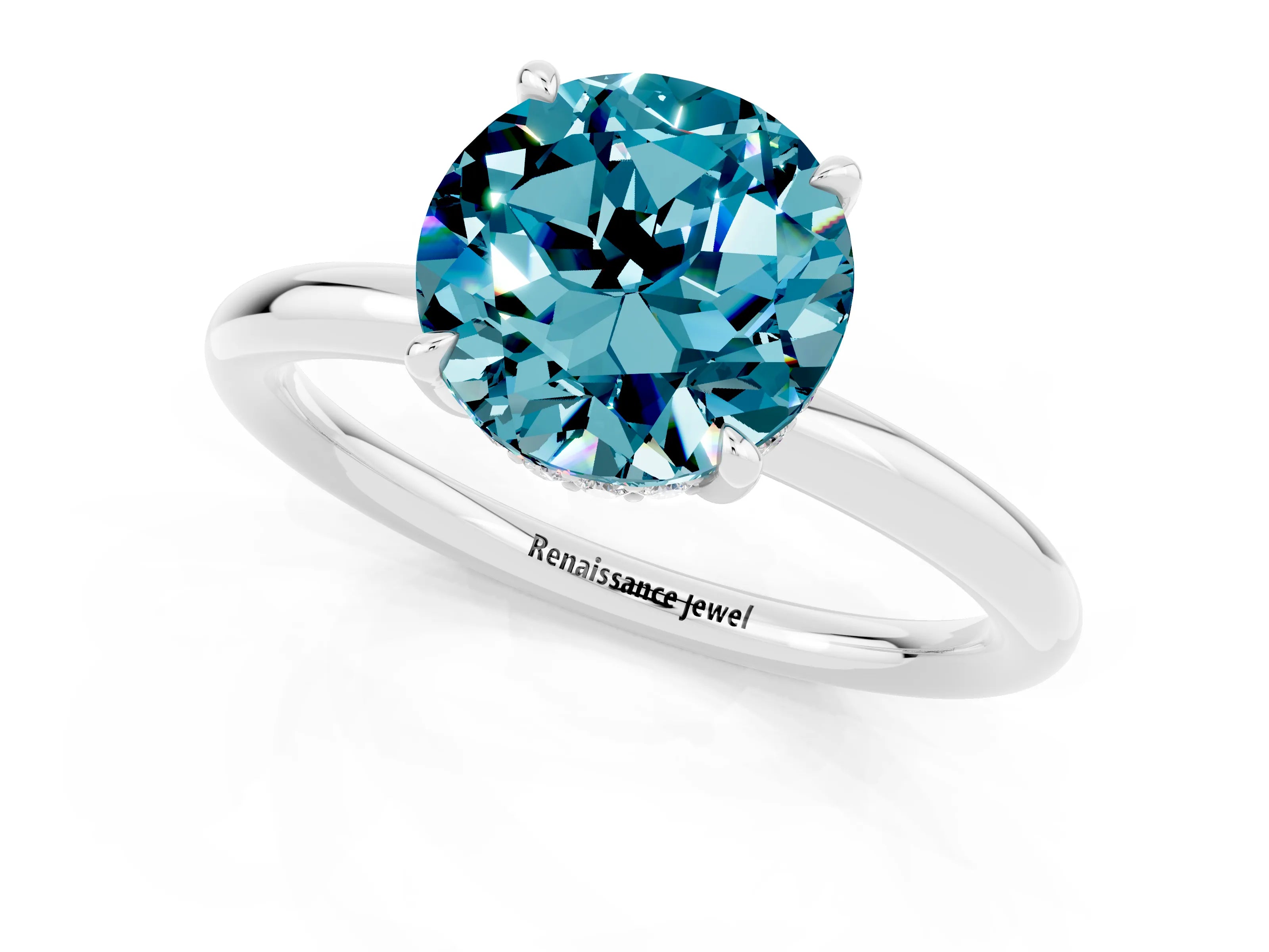 White gold Round Cut Blue Topaz Solitaire Ring with Thin Band and Four-Prong Setting_13