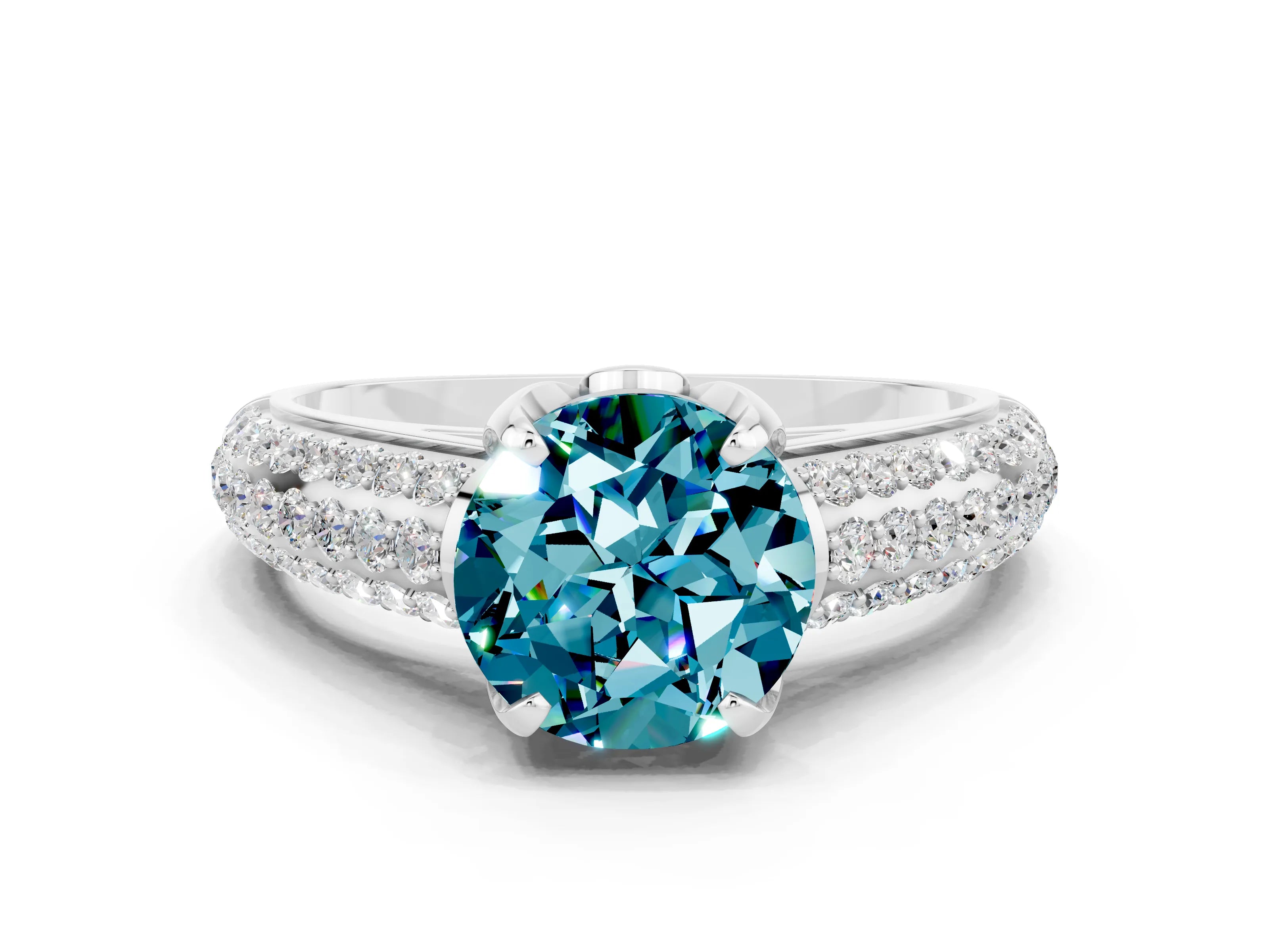 White gold Round Cut Blue Topaz Solitaire Ring with Three-Row Pavé Band and Four-Prong Setting_12