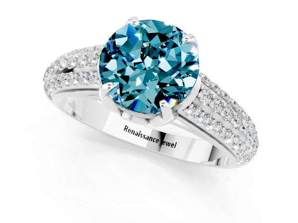 White gold Round Cut Blue Topaz Solitaire Ring with Three-Row Pavé Band and Four-Prong Setting