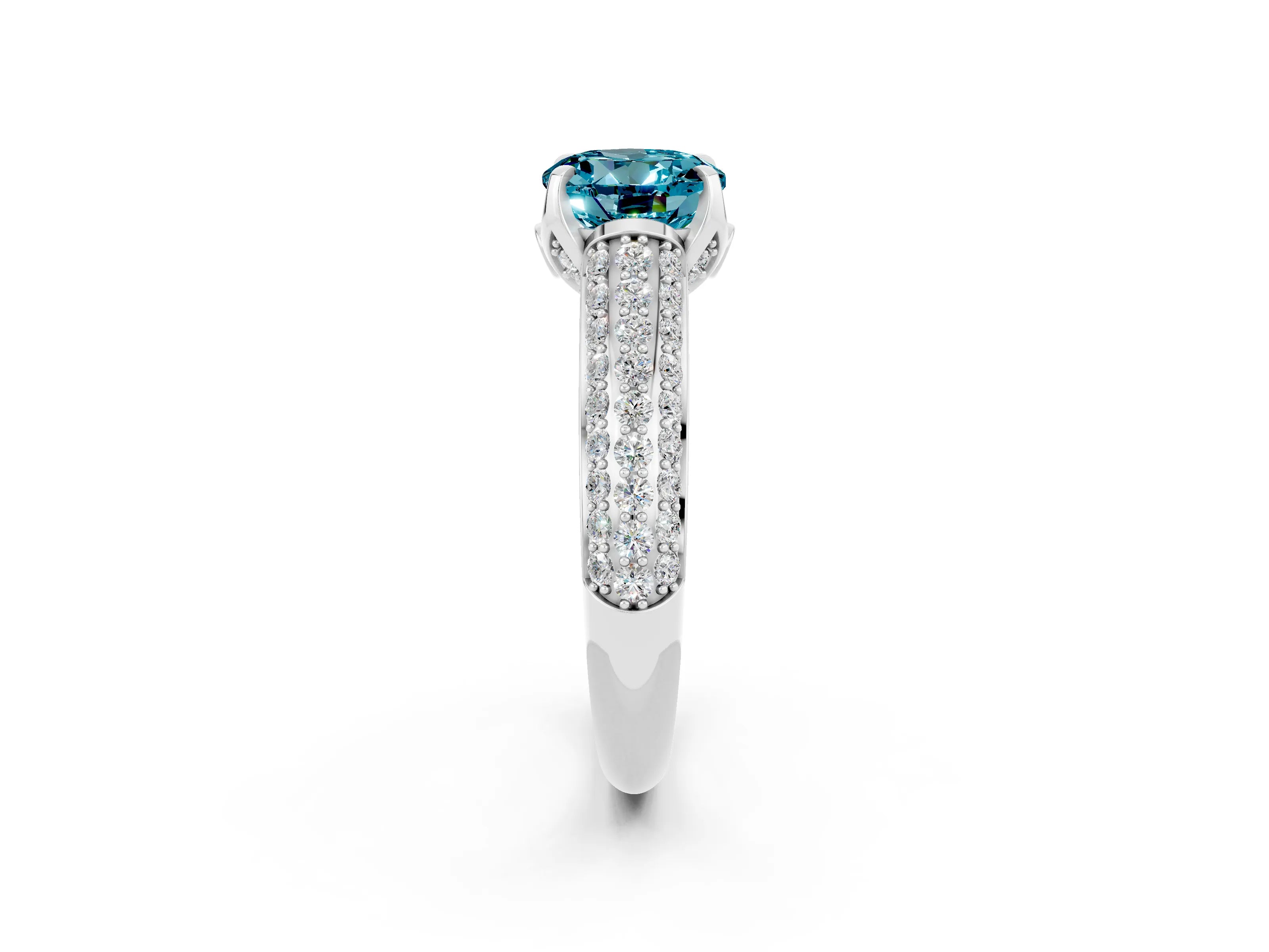 White gold Round Cut Blue Topaz Solitaire Ring with Three-Row Pavé Band and Four-Prong Setting_14