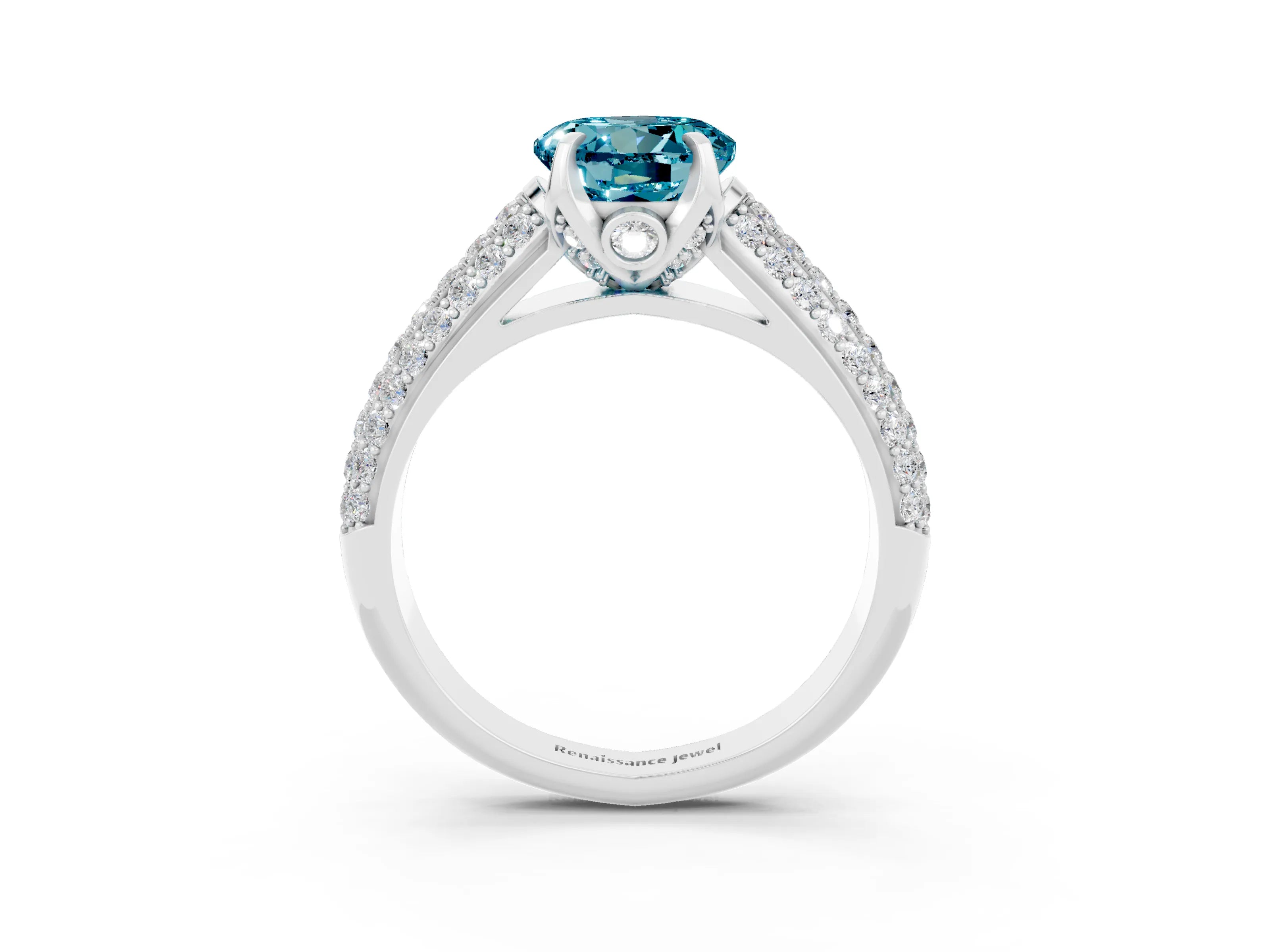 White gold Round Cut Blue Topaz Solitaire Ring with Three-Row Pavé Band and Four-Prong Setting_15