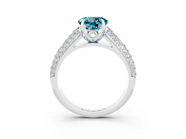 White gold Round Cut Blue Topaz Solitaire Ring with Three-Row Pavé Band and Four-Prong Setting